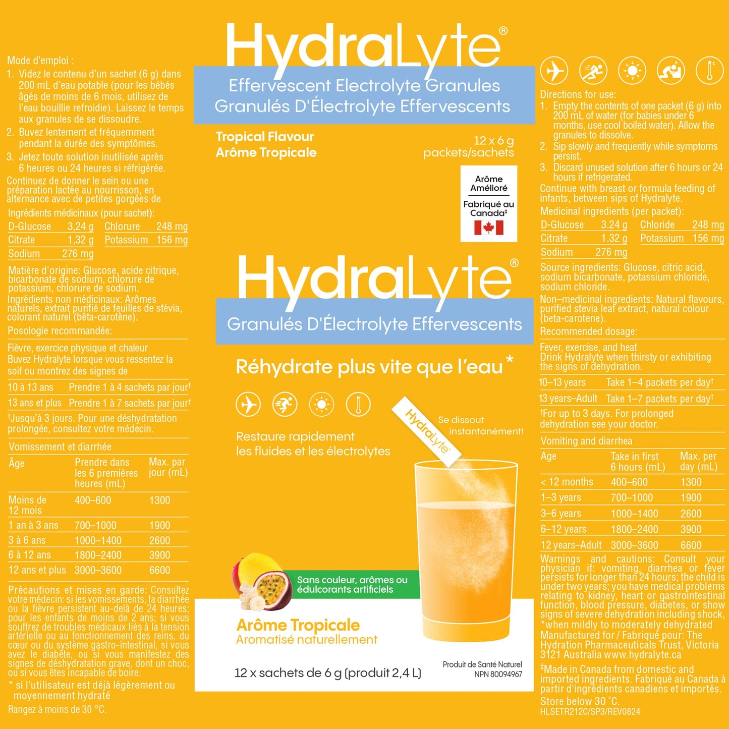 HydraLyte Electrolyte Powder, Manufactured in Canada - Tropical Flavour - Low Sugar Hydration Packets for All Ages - Made with All Natural Ingredients, 12 Servings 🍁 All In One Marketplace Canada