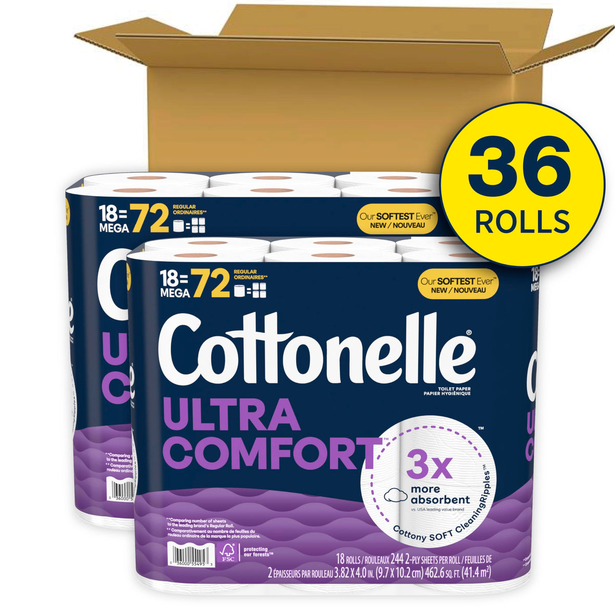 Cottonelle Toilet Paper, 36 Mega Rolls = 144 Regular Rolls (2 Packs of 18), Ultra Soft (Formerly Ultra Comfort), Soft Bathroom Tissue, 244 Sheets per Roll, Packaging May Vary 🍁 All In One Marketplace Canada