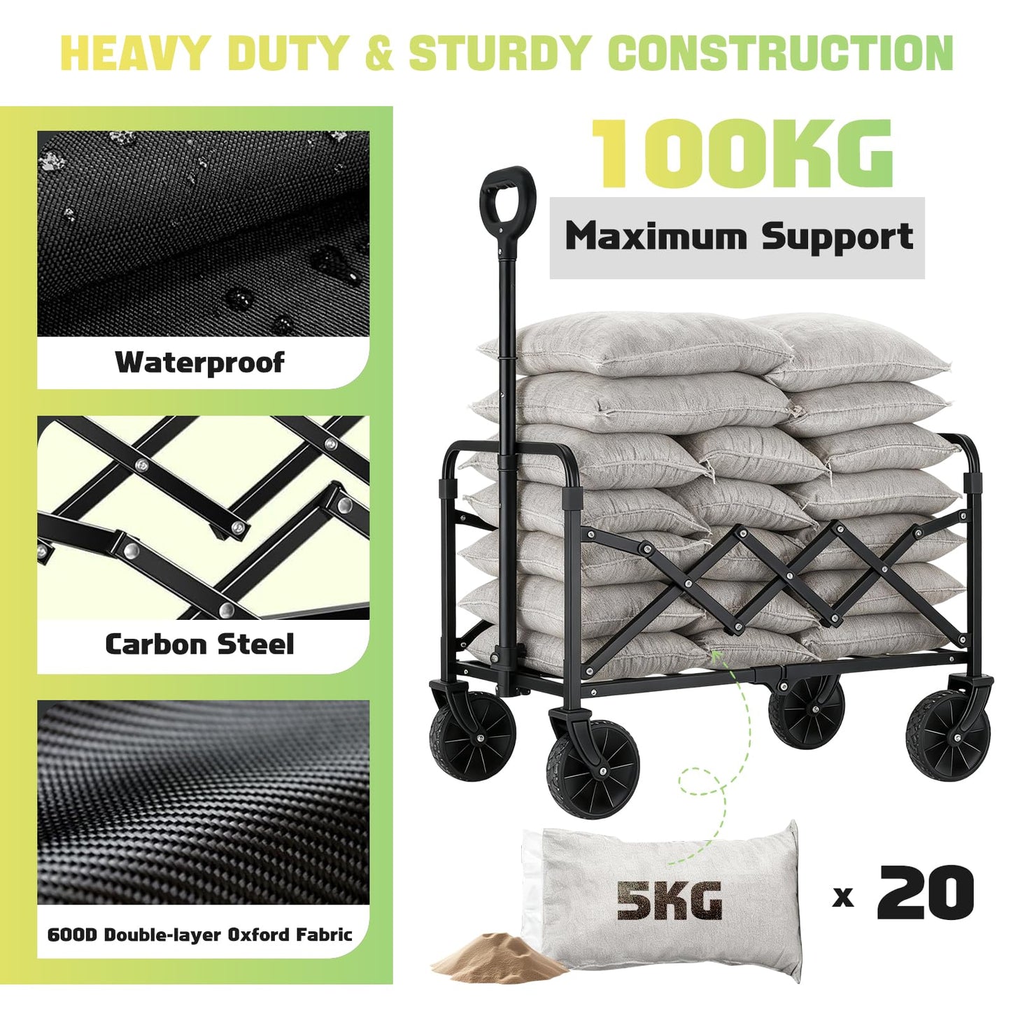 100KG Collapsible Foldable Wagon Carts - Heavy Duty Portable Folding Utility Wagons with All-Terrain Wheels for Grocery Sports Shopping Camping Garden Beach, 2 Drink Holders/Lightweight/Black 🍁 All In One Marketplace Canada
