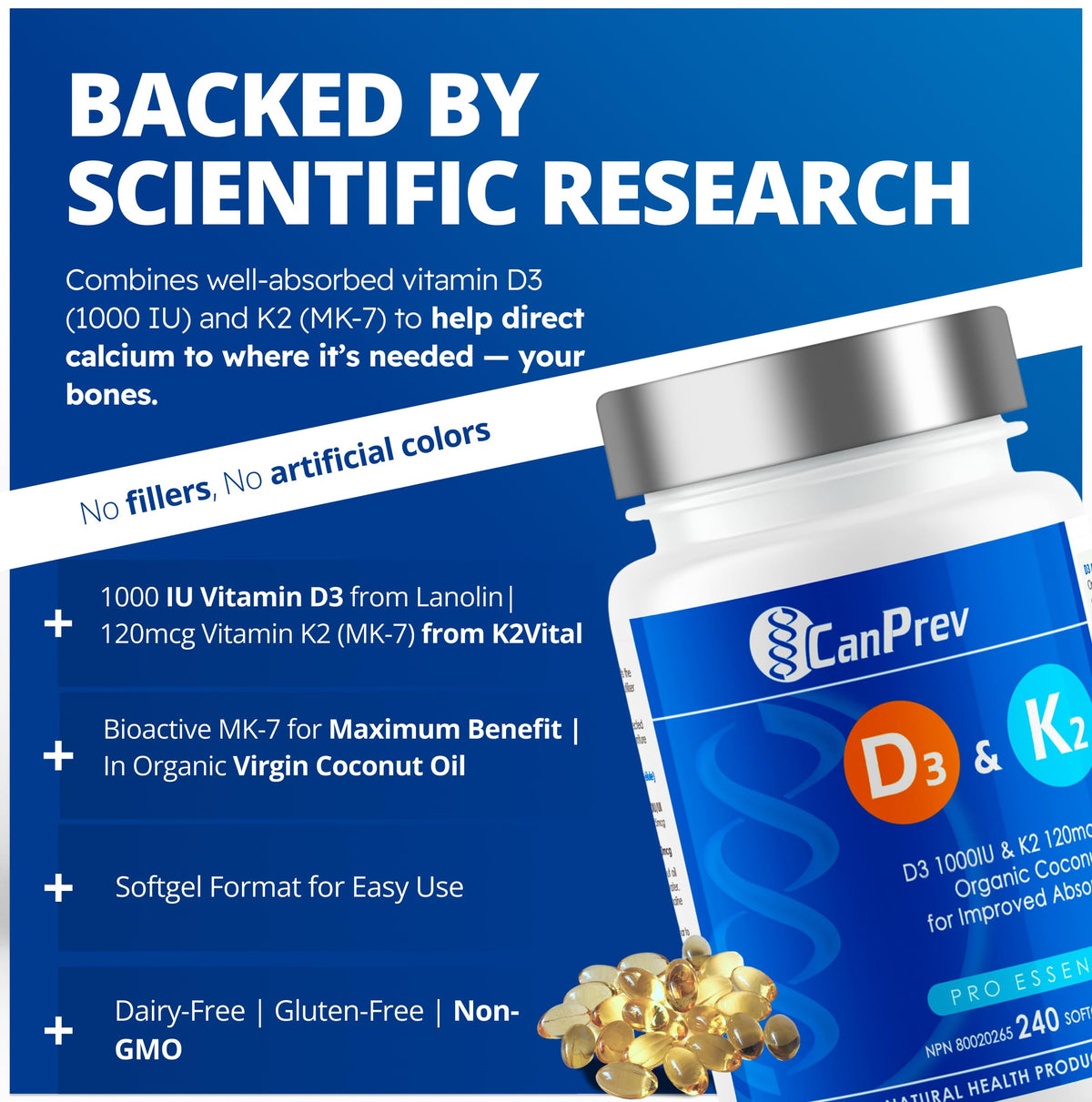 CanPrev - D3 & K2 Vitamin Supplement 240 Softgels 240-Day Supply, K2 MK7 Cholecalciferol Vitamin D3 Supplement, Organic Coconut Oil for Improved Absorption - Helps Build & Maintain Teeth & Bone Health 🍁 All In One Marketplace Canada