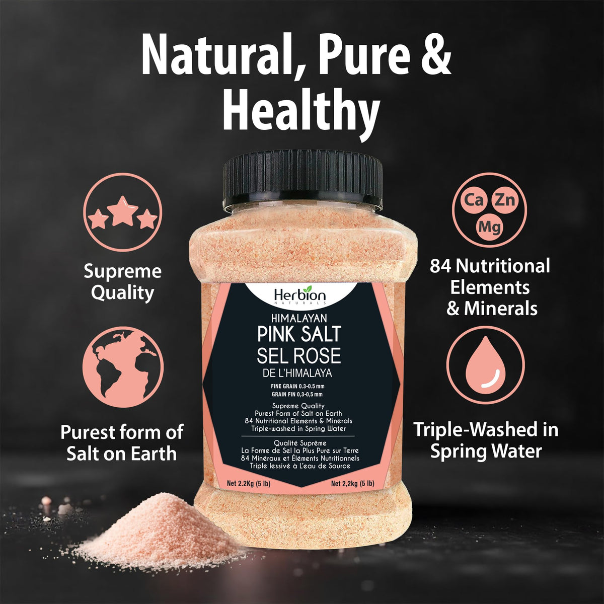 Herbion Naturals Himalayan Pink Salt - Fine Grain - 5 lb. (2.2 Kg) Unbreakable Jar - Kosher Certified - GMO-Free - Vegan - Supreme Quality - Chemical Free 🍁 All In One Marketplace Canada