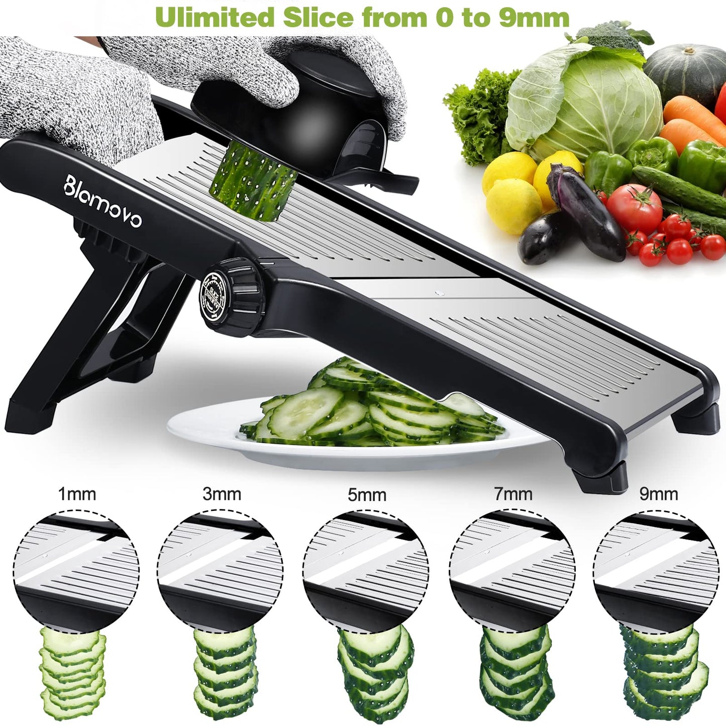 Blamovo Mandoline Slicer for Kitchen, Vegetable Mandolin Slicer with Adjustable Thickness by One-Knob Control, Veggie Fruit Potato Slicer Julienne, with Safety Gloves 🍁 All In One Marketplace Canada