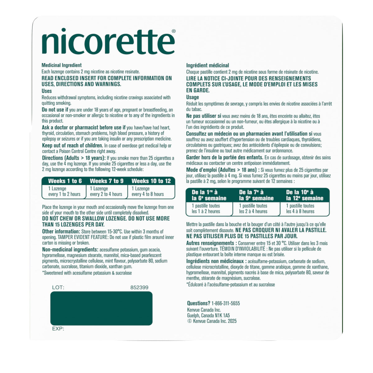 Nicorette Nicotine Lozenges Quit Smoking Aid, Mint, 2mg, 160 Count 🍁 All In One Marketplace Canada