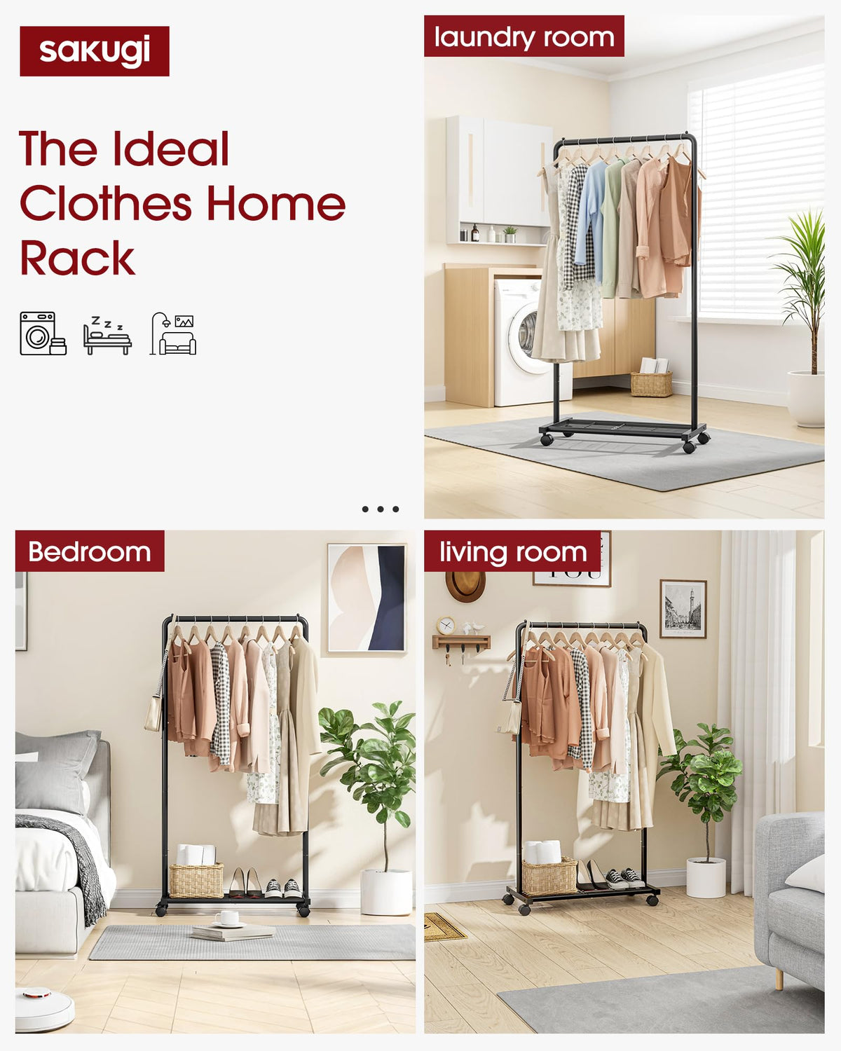 Sakugi Clothing Rack - Movable Multi-Functional Coat Rack with 4 Universal Wheels, Long-Lasting Metal Clothes Rack with Extra Storage Shelf for Bedroom, Office, Laundry(Black, 73W x 43.5D x 150H cm) 🍁 All In One Marketplace Canada