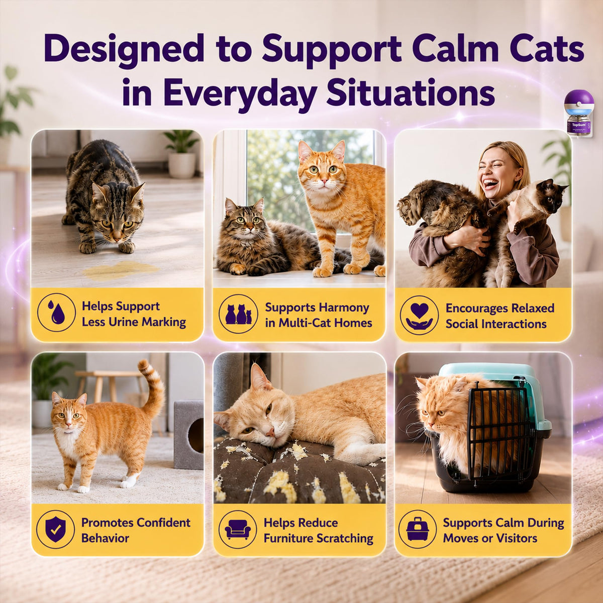 TopSum Cat Pheromone Diffuser: Cat Calming Diffuser for Spraying, Scratching, Excessive Meowing & Multi-Cat Homes, Ideal for Cats Alone at Home - VHP Registered NN.Z4H1 (2 Diffusers+2 Refills) 🍁 All In One Marketplace Canada