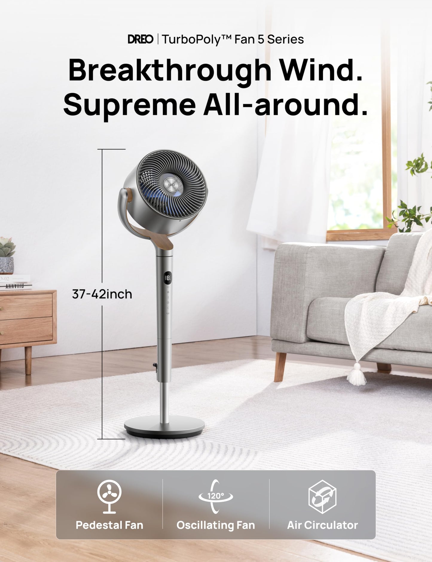 DREO Fan for Bedroom, 120°+120°Omni-directional Oscillating Fan, 90ft, DC Motor, 20 dB Quiet Standing Pedestal Fans, 8 Speeds, 3 Modes Circulator with Remote, 35-40" Adjustable Height, 8H Timer 🍁 All In One Marketplace Canada