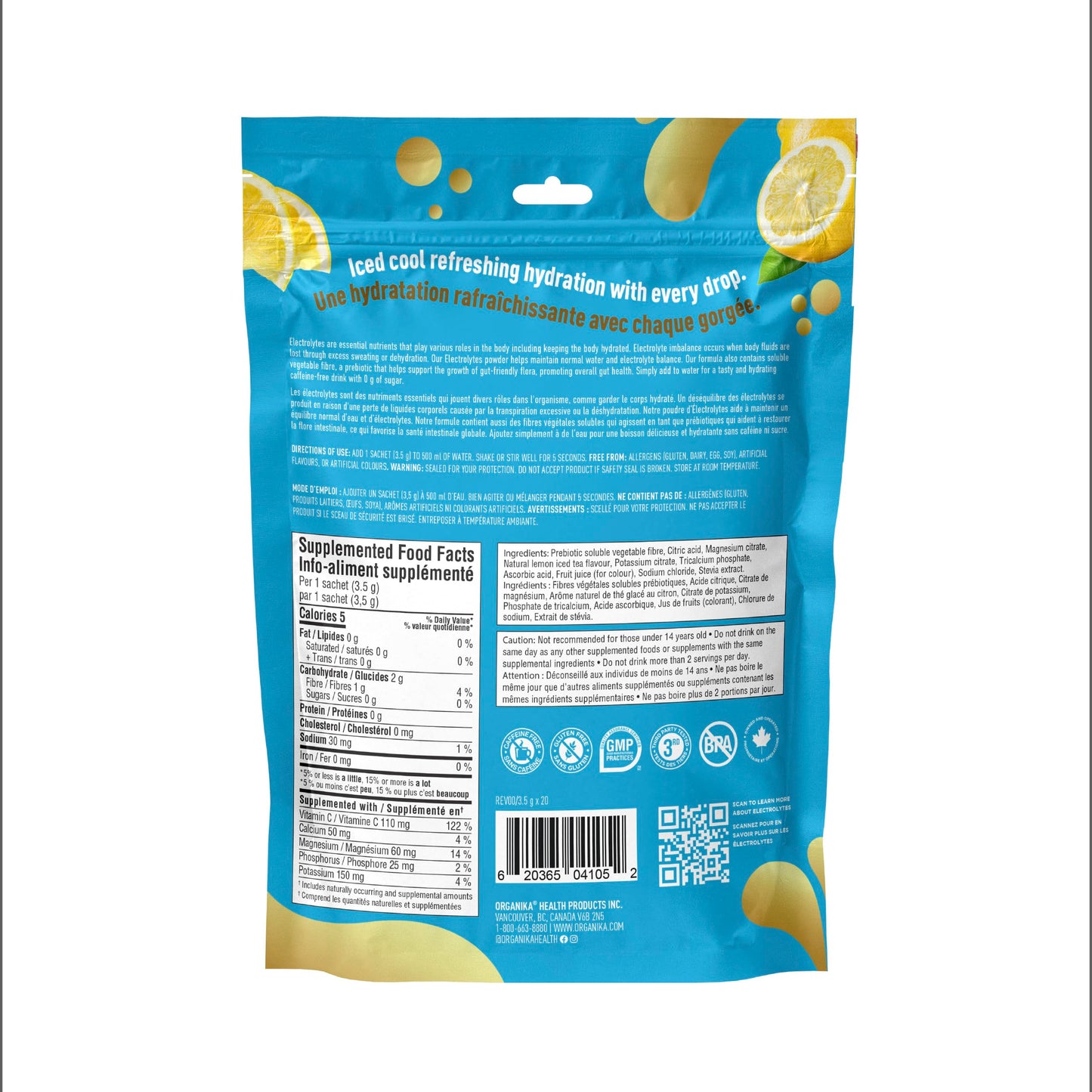 Organika Canadian-Made Electrolytes Powder with Vitamin C & Prebiotic Fibre - Sugar-Free Hydration Drink Mix - Lemon Iced Tea - 20 Single-Serve Sachets x 3.5g 🍁 All In One Marketplace Canada