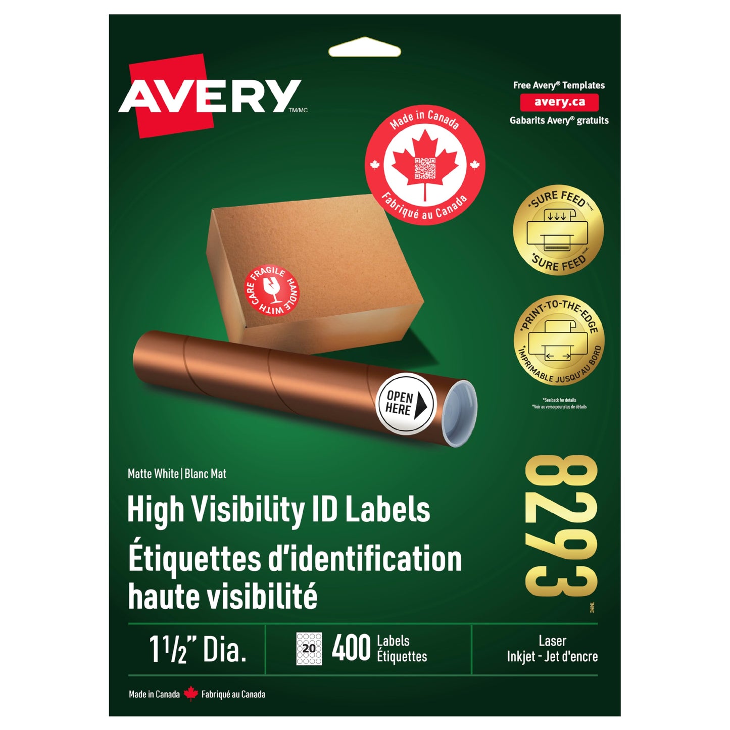 Avery High Visibility Labels with Surefeed Technology, Print to The Edge 1.5" Dia. White Round Permanent Labels, for Laser/Inkjet Printers, 400 Labels, (8293), Made in Canada 🍁 All In One Marketplace Canada