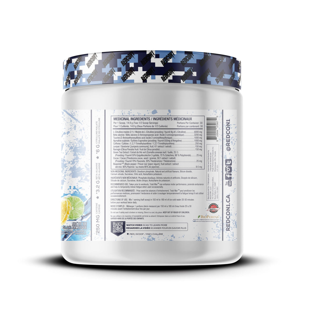 REDCON1 Total War Pre Workout Powder, Arctic Ice - Beta Alanine + Citrulline Malate Vegan & Keto Friendly Preworkout for Men & Women with 250mg of Caffeine - Fast Acting HMB (30 Servings) 🍁 All In One Marketplace Canada