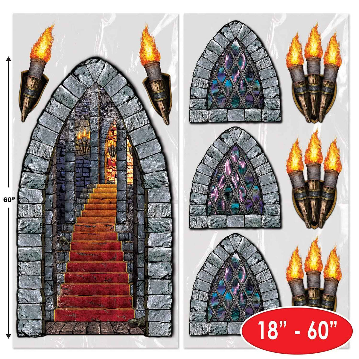 Beistle Medieval Stairway, Window & Torch Props, 9 Images, Haunted Castle Wall Decorations, Spooky Gothic Scene for Halloween Parties & Dungeon Themes, Printed Plastic Cutouts, 18” to 60”