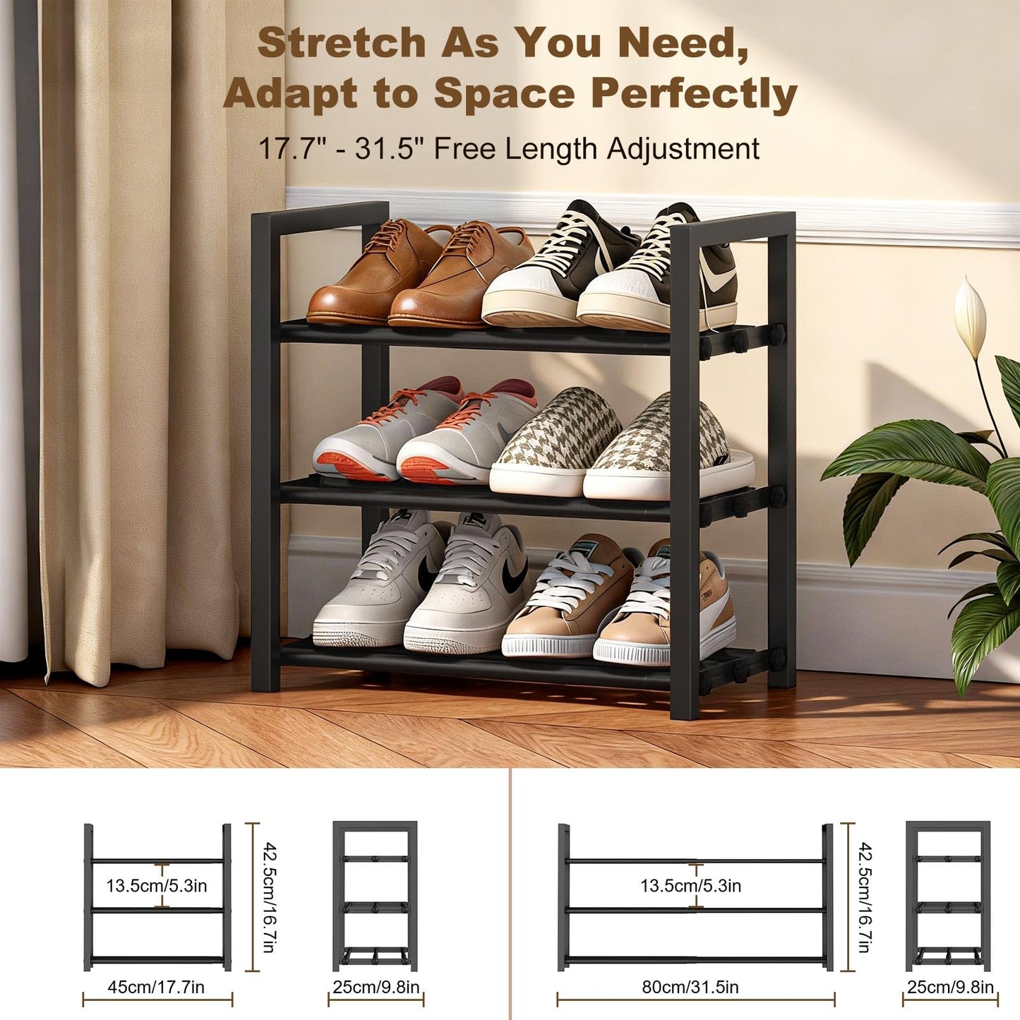 Roylvan 3-Tire Expandable Shoe Rack, 17"-31" Adjustable Stackable Free Standing Shoe Shelf Storage Fits 6-12 Pairs Shoes, Heavy Duty Reinforced Metal Shoes Organizer for Closet Entryway Doorway Dorm 🍁 All In One Marketplace Canada