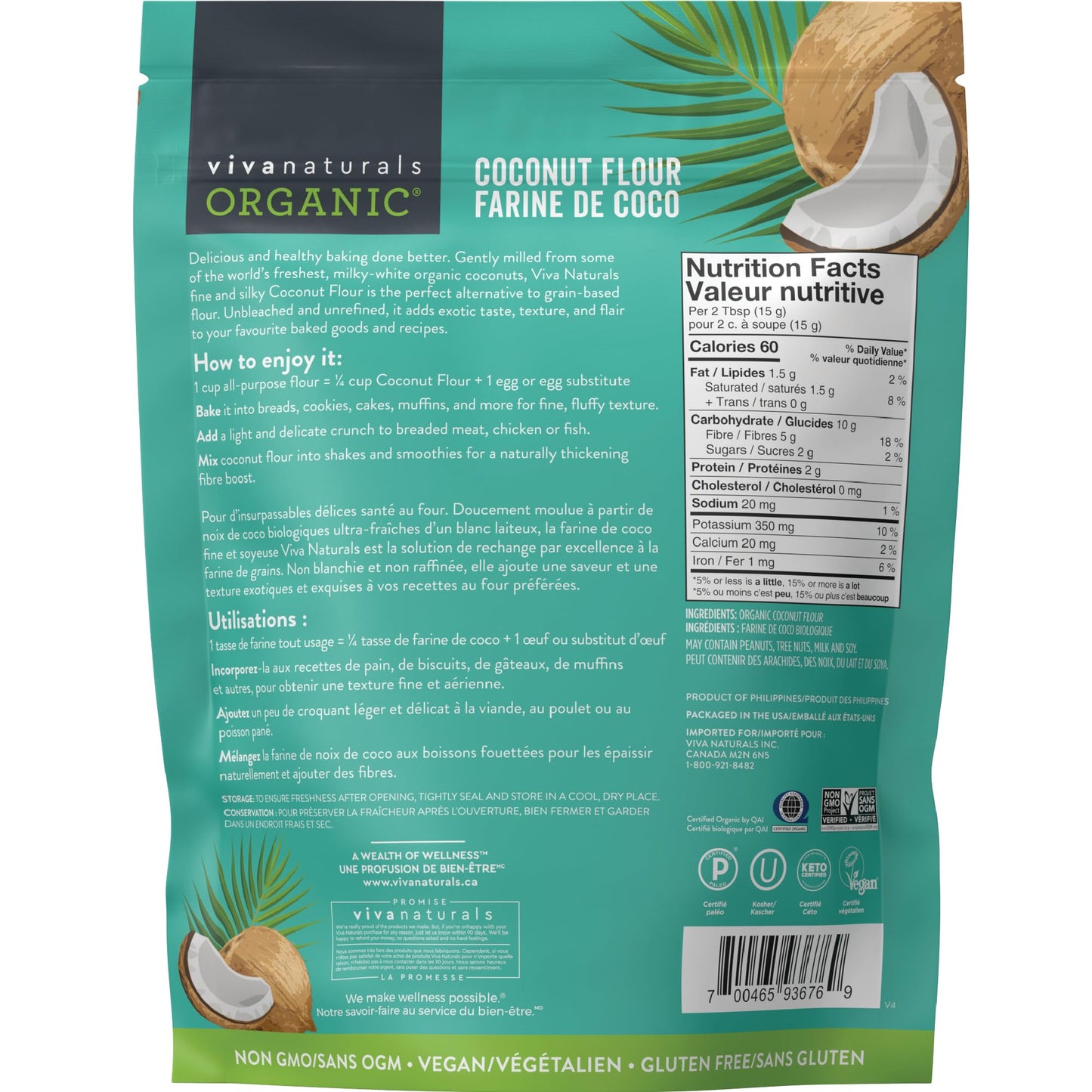 Viva Naturals Organic Coconut Flour, Gluten-Free, Unbleached & Unrefined, 4 LB 🍁 All In One Marketplace Canada