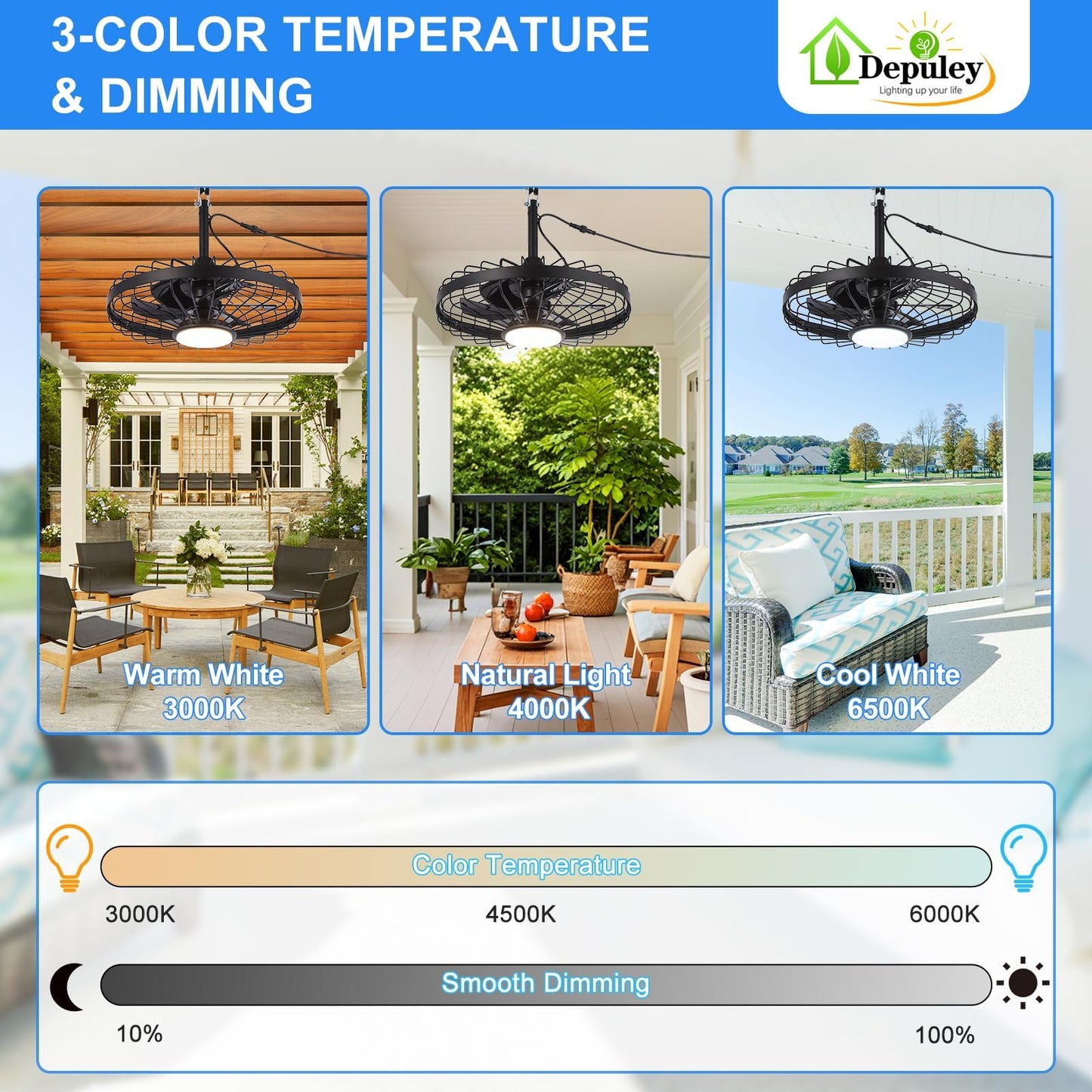 Depuley Outdoor Ceiling Fan with Light: 20 Inch Waterproof Gazebo Fans with Lights Outdoor Hanging - Plug in Remote App Control Caged Fans for Patios Pergola Porch Canopy - 6 Speed Black 🍁 All In One Marketplace Canada