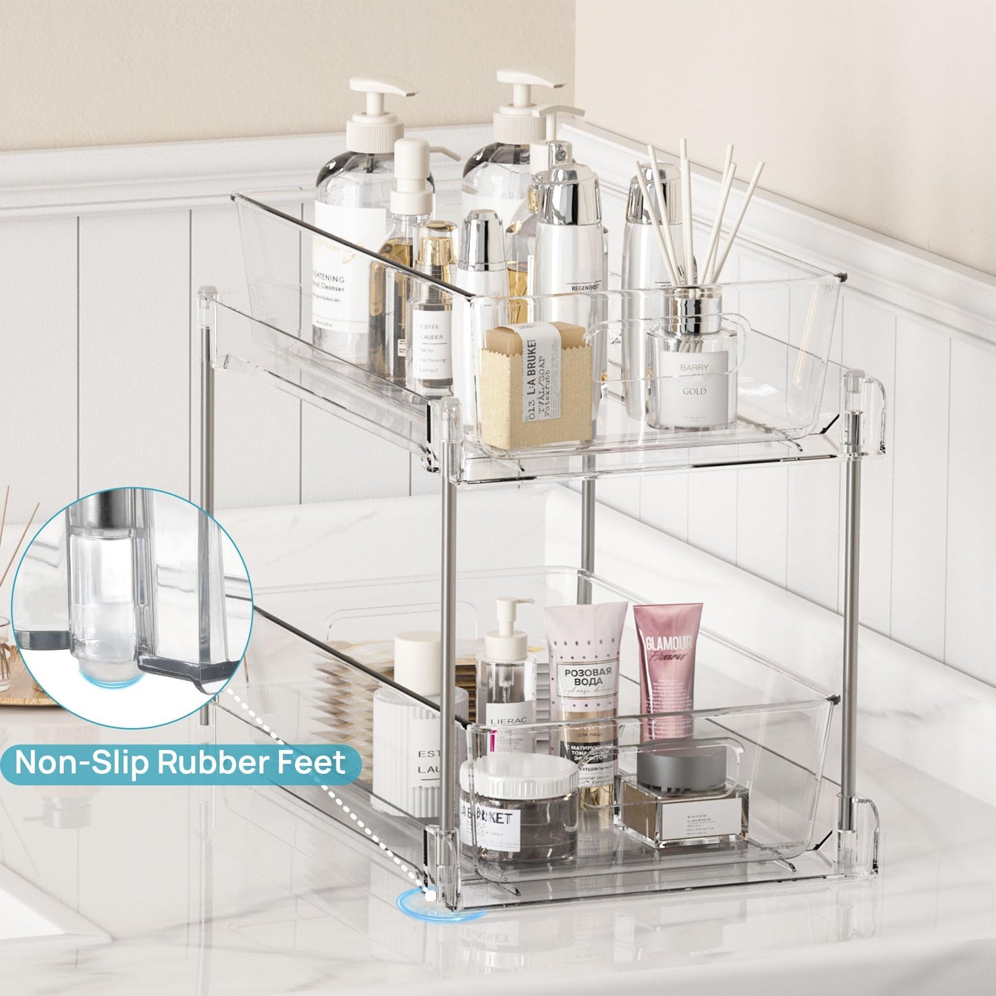 2 Tier Bathroom Storage Organizer, Vtopmart 4 Pack Clear Under Sink Organizers Vanity Counter Storage Container, Medicine Cabinet Drawers Bins, Pull-Out Organization with Track for Pantry, Kitchen 🍁 All In One Marketplace Canada