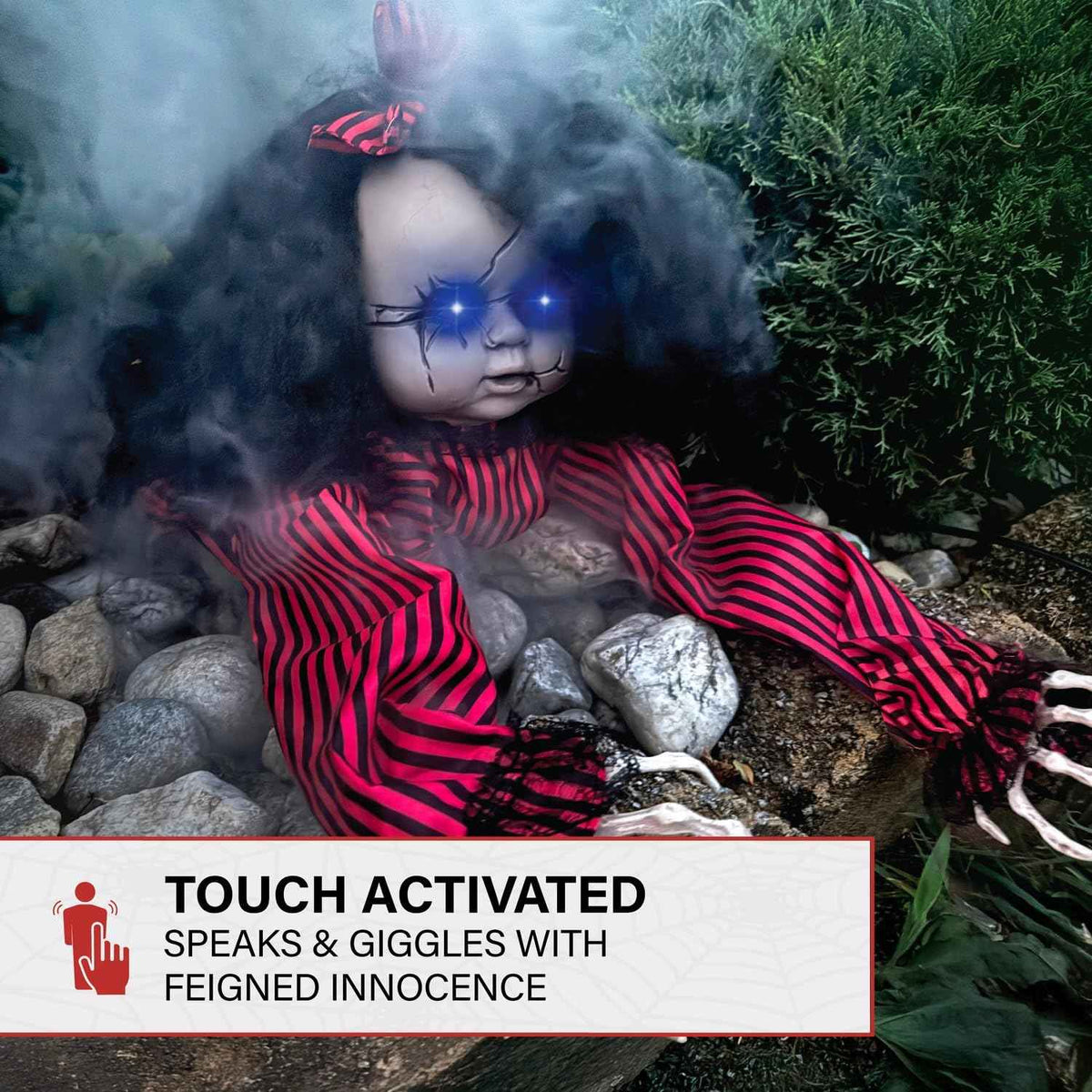 Haunted Hill Farm Scary Haunted Crawling Baby Doll, Halloween Animatronic with Touch Activated Lights and Sound, Battery Operated Indoor or Covered Outdoor Halloween Decorations, Creepy Fright Props