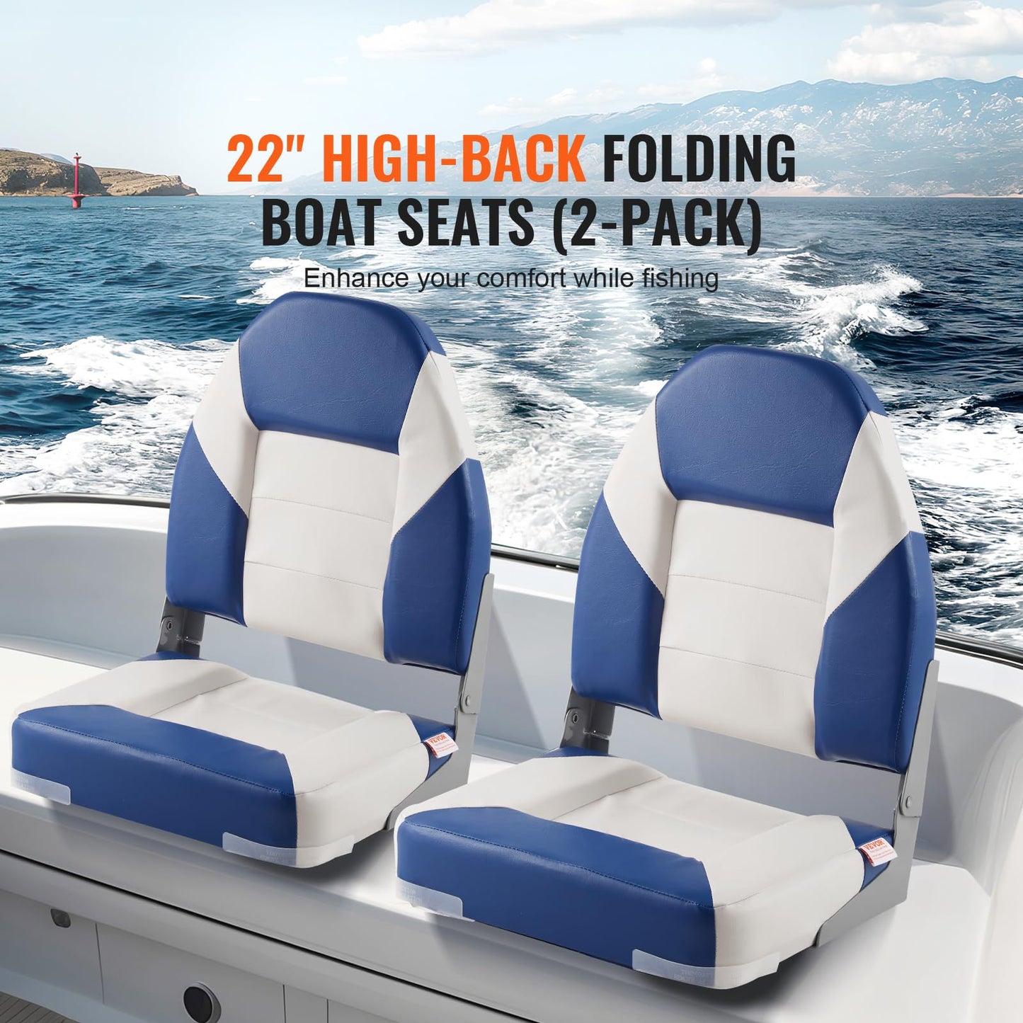 VEVOR High Back Boat Seats, 21.85" Folding Chair with Thickened Sponge Padding and Hinge, Fold-Down Captain Chairs for Fishing, Sightseeing, Speedboat, Canoe, 2-Pack 🍁 All In One Marketplace Canada