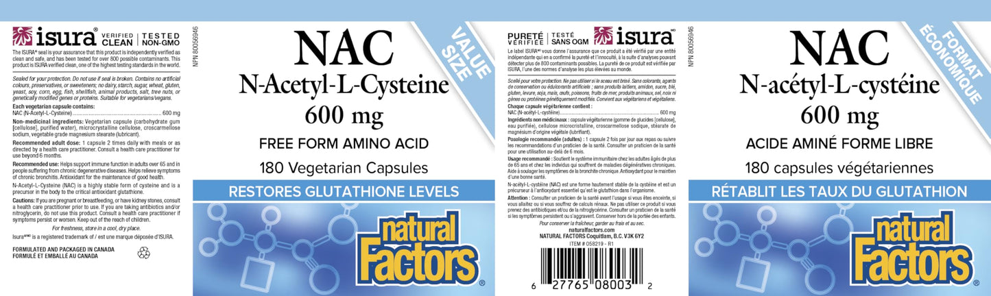 Natural Factors NAC Supplement (N-Acetyl-L-Cysteine), 600 mg, 180 Vegetarian Capsules, VALUE SIZE, Free Form Amino Acid, Helps Restore Glutathione Levels, Antioxidant Support, Proudly Canadian 🍁 All In One Marketplace Canada
