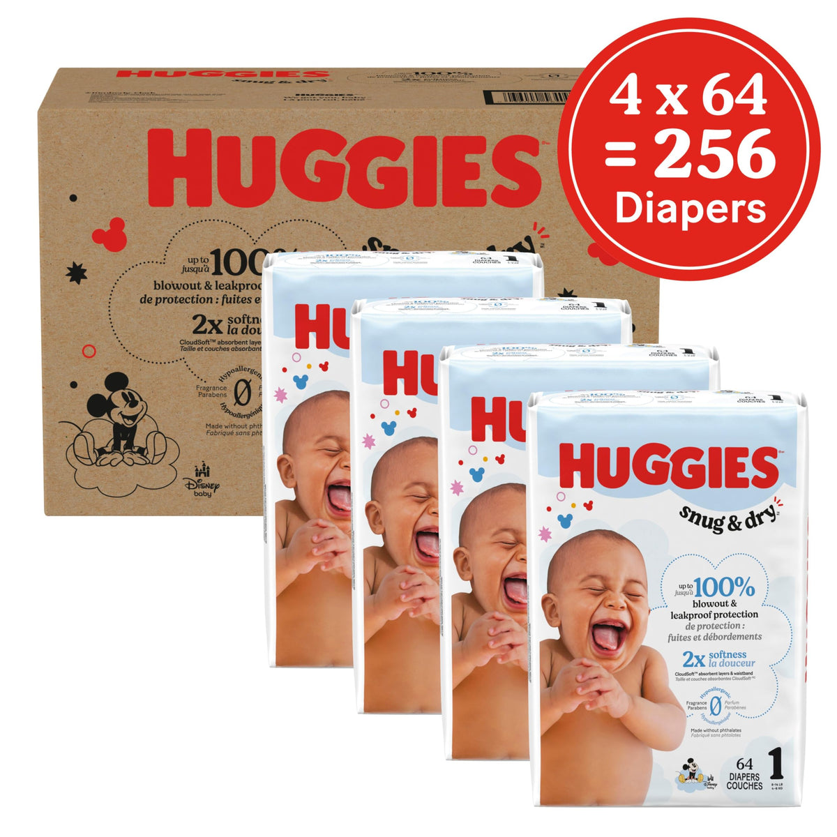 Huggies Size 1 Diapers, Snug & Dry Newborn Diapers, Size 1 (8-14 lbs), 256 Count (4 Packs of 64), Packaging May Vary 🍁 All In One Marketplace Canada