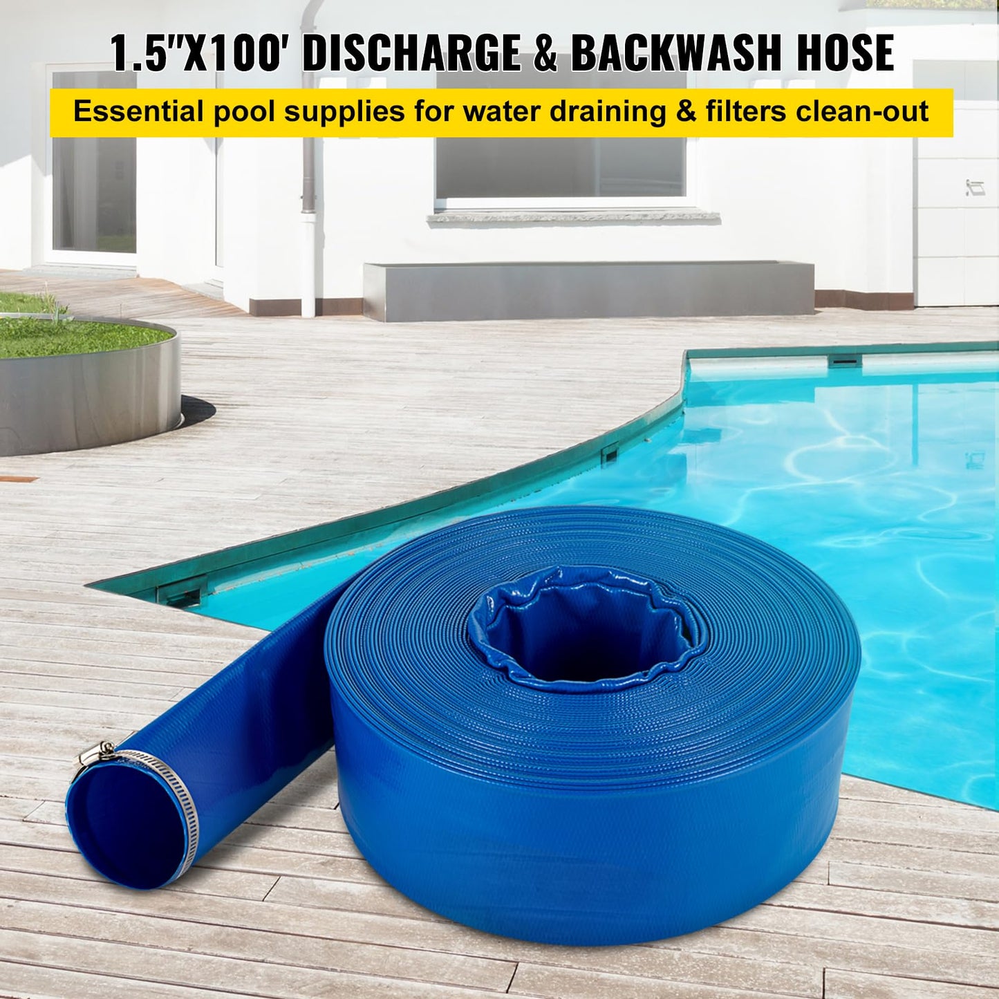 VEVOR Discharge Hose, 1-1/2" x 100', PVC Fabric Lay Flat Hose, Heavy Duty Backwash Drain Hose with Clamps, Weather-Proof & Burst-Proof, Ideal for Swimming Pool & Water Transfer, Blue 🍁 All In One Marketplace Canada