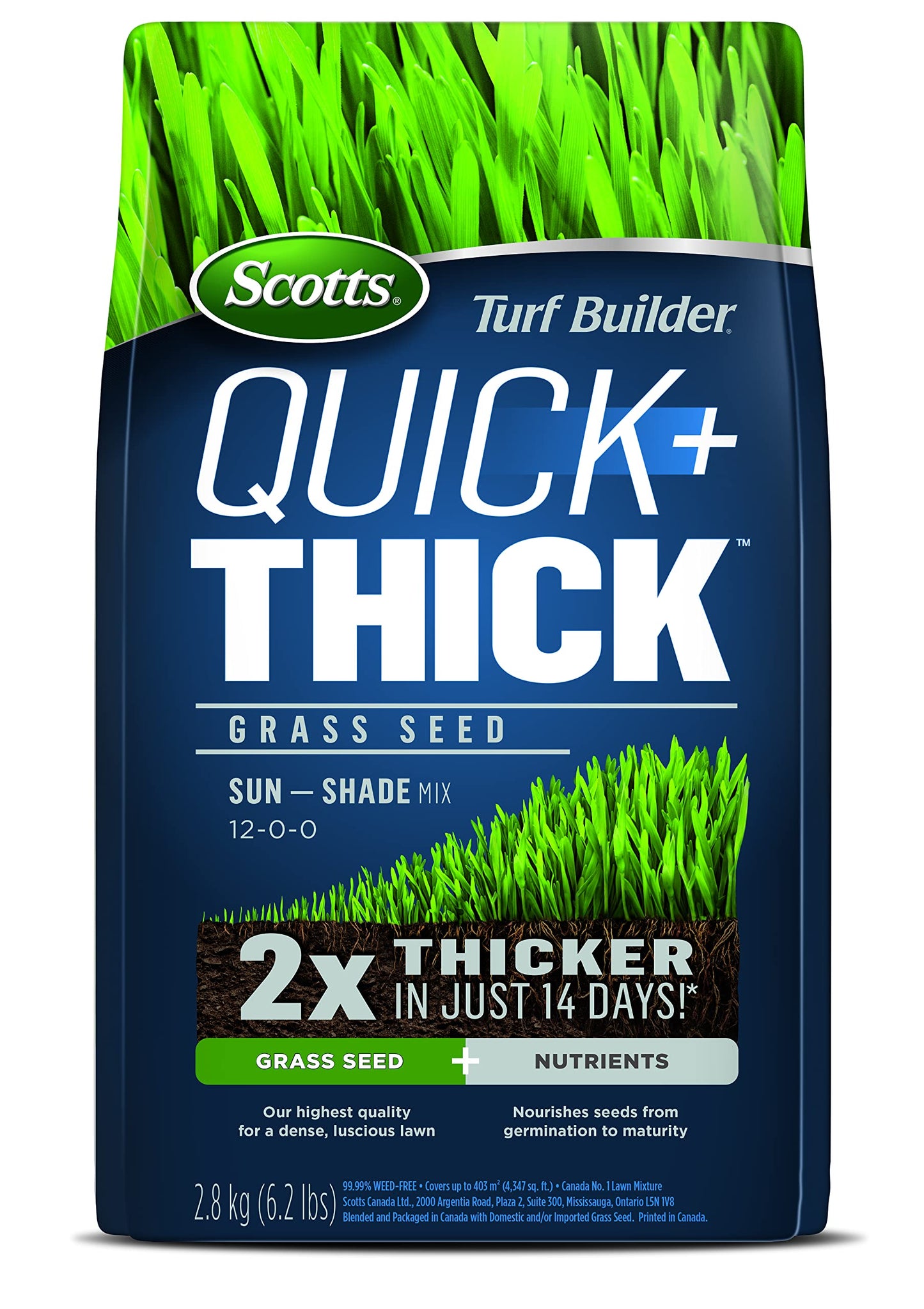 Scotts Turf Builder Quick + Thick Grass Seed (Sun and Shade Mix), 2.8kg (403 sq Meters / 4,347 sq feet Coverage) | Grow a Thick, Green Lawn Fast. for Areas That Experience Sun & Shade 🍁 All In One Marketplace Canada