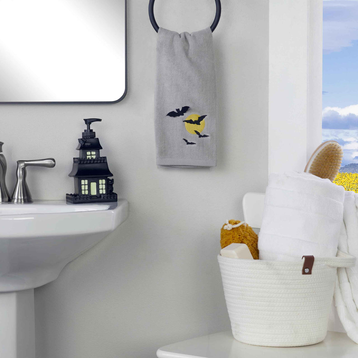 SKL Home Halloween Full Moon Flight 3D Hand Towel 2pc Set for Bath/Kitchen/Bar & Gift, Gray