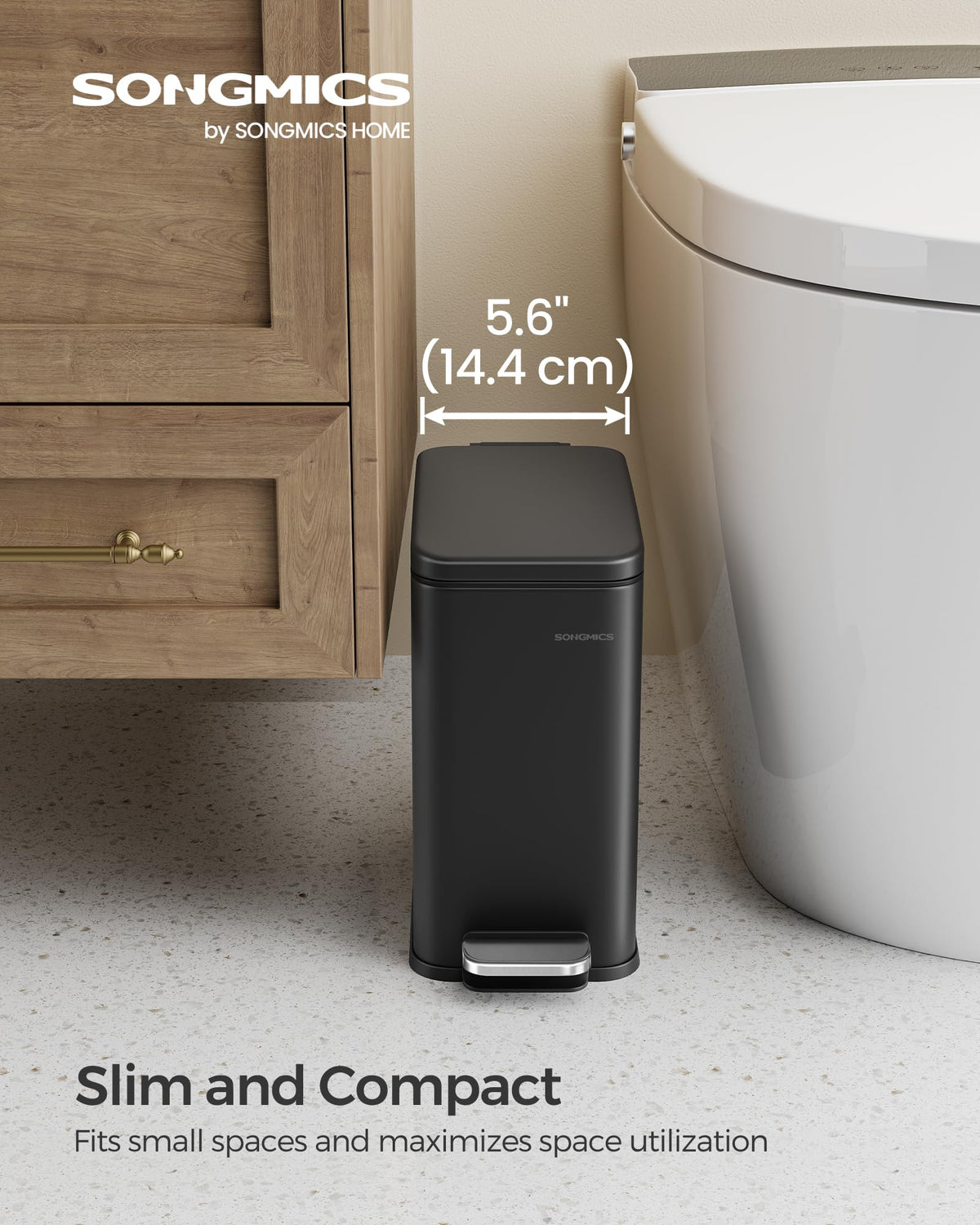 SONGMICS Bathroom Trash Can, Small Trash Bin with Lid, Slim for Small Spaces, Stainless Steel Garbage Can, Soft Close, 1.3 Gallon (5 L) Black ULTB560B05 🍁 All In One Marketplace Canada