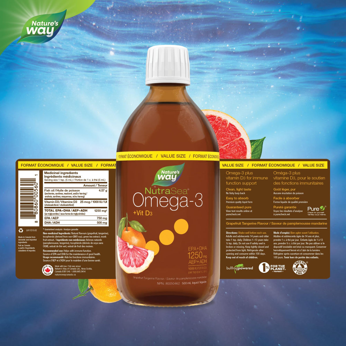 Nature's Way NutraSea Omega 3 + Vitamin D Fish Oil Liquid Supplement – Grapefruit Tangerine Flavour – Heart, Brain, Bone & Immune Support – EPA & DHA + 1000IU D3, 500 mL 🍁 All In One Marketplace Canada