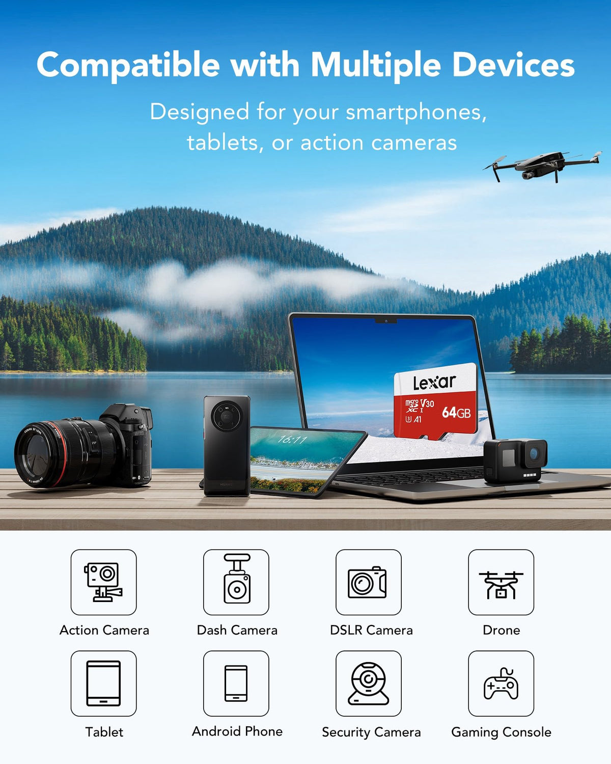 Lexar E-Series 64GB Micro SD Card, microSDXC UHS-I Flash Memory Card with Adapter, 100MB/s, C10, U3, A1, V30, Full HD, 4K UHD, High Speed TF Card 🍁 All In One Marketplace Canada