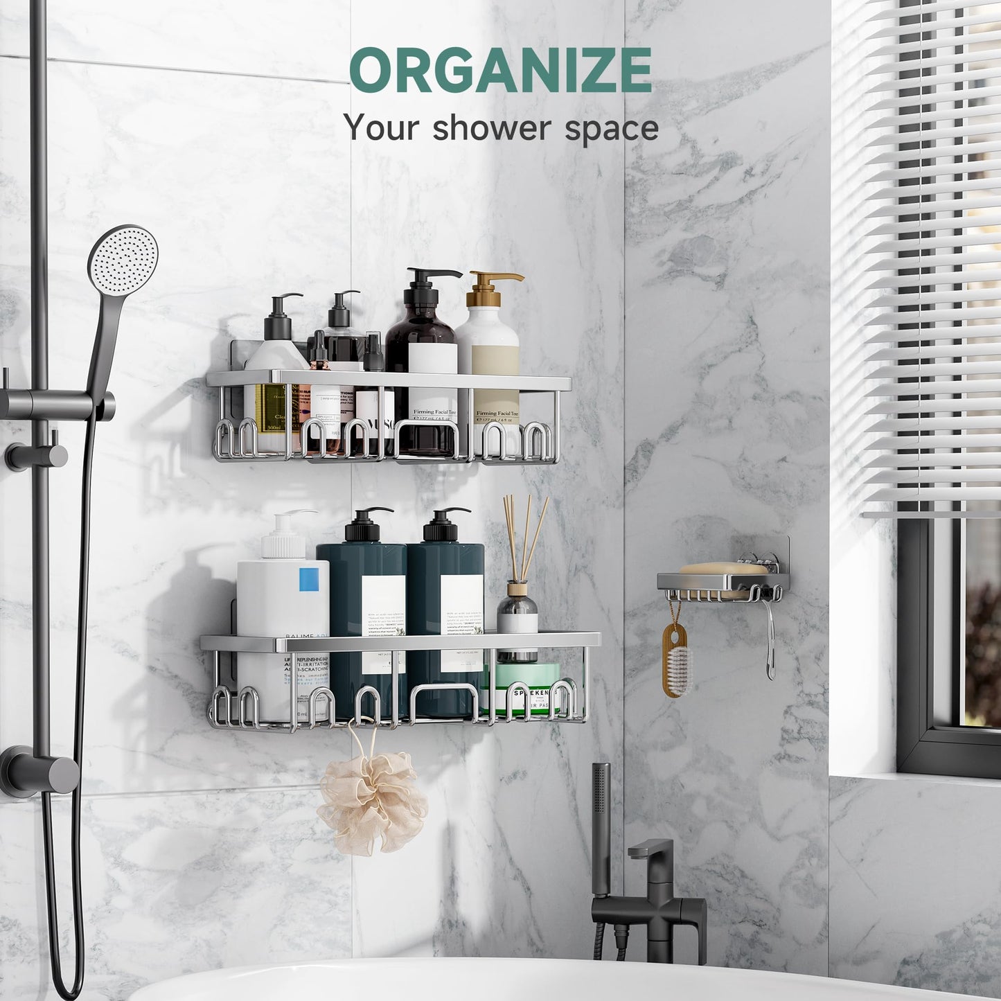 Veken Large Capacity Shower Caddy 3-Pack, No Drilling Adhesive Rack with Soap Holder, Rustproof & Waterproof Shelves, Bathroom Organizers and Storage, Wall-Mounted Kitchen & Home Decor, Silver 🍁 All In One Marketplace Canada