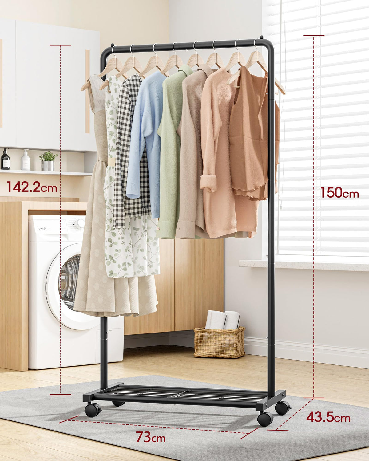 Sakugi Clothing Rack - Movable Multi-Functional Coat Rack with 4 Universal Wheels, Long-Lasting Metal Clothes Rack with Extra Storage Shelf for Bedroom, Office, Laundry(Black, 73W x 43.5D x 150H cm) 🍁 All In One Marketplace Canada