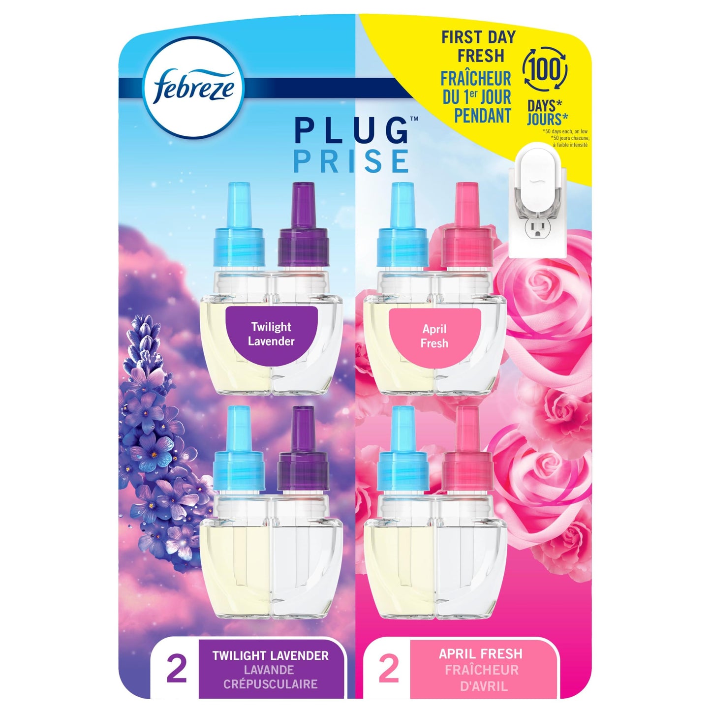 Febreze Plug In Air Freshener, Odor-Fighting Scented Oil Refill for Home and Bathroom and Kitchen, Long Lasting for Strong Odors, Twlight Lavender and Downy April Fresh Scents, 4 Refills 🍁 All In One Marketplace Canada