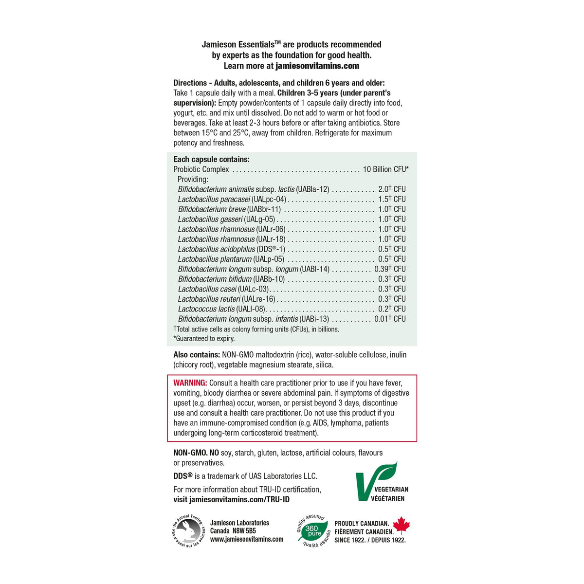 Jamieson Probiotic 10 Billion CFU, 60 Veggie Capsules, Daily Maintenance, Intestinal & Digestive Health. 14 Unique Strains to Improve Microbial Diversity, Bifidobacterium and Lactobacillus, Non-GMO 🍁 All In One Marketplace Canada