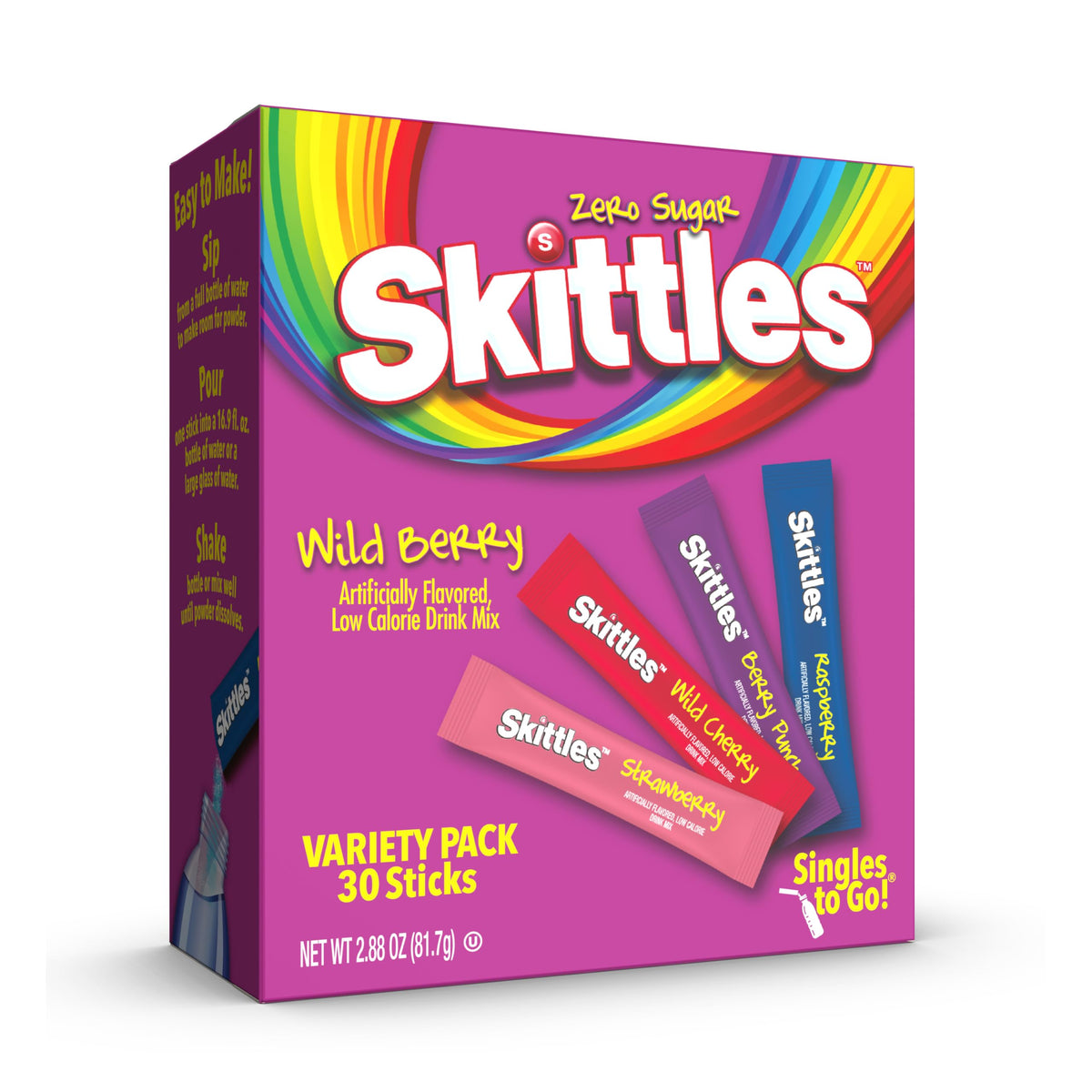 SINGLES TO GO! Skittles 30 Count Singles To Go Wild Berry Variety Pack, Powdered Drink Mix, Zero Sugar, Low Calorie, Includes 4 Flavors, Total Servings 🍁 All In One Marketplace Canada