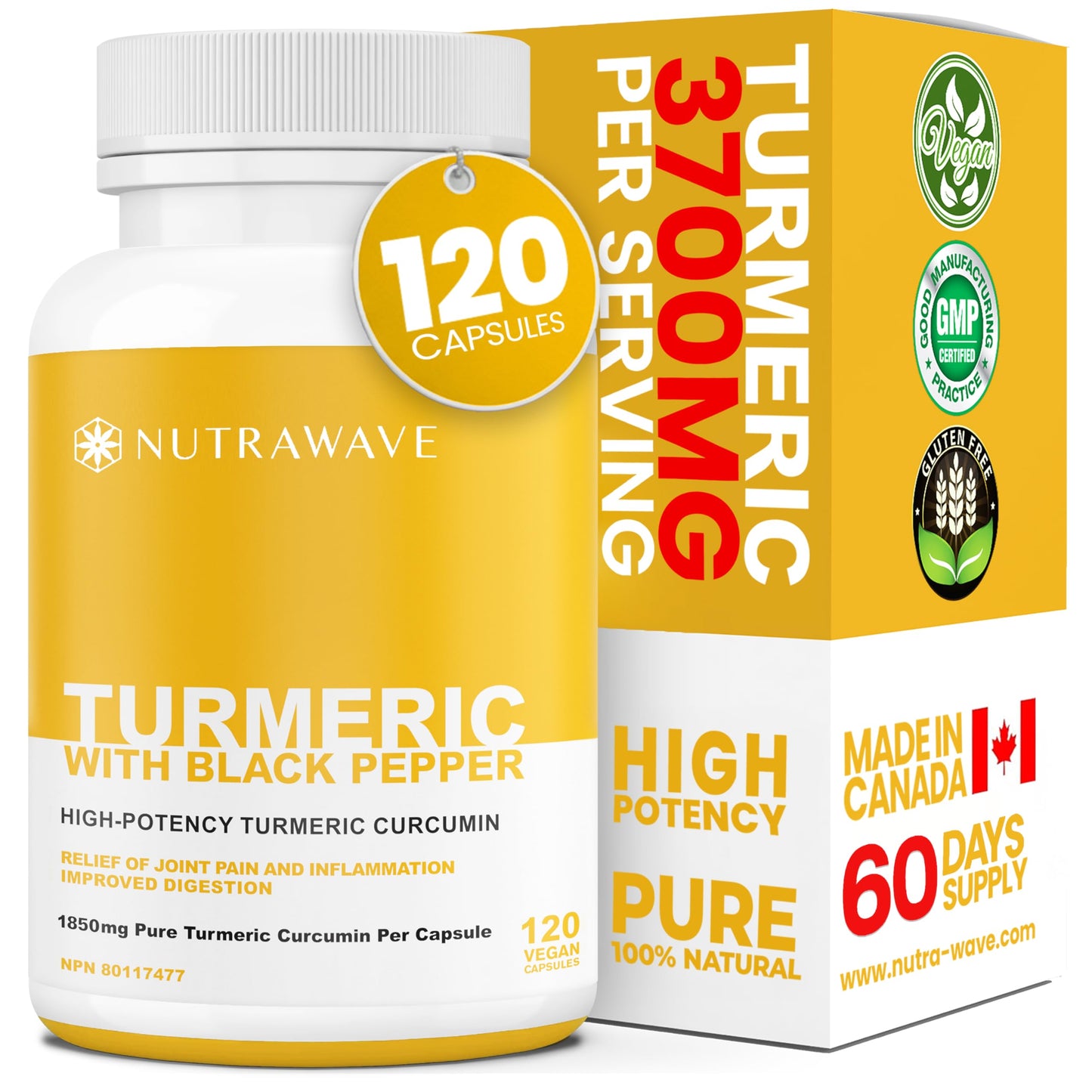 Nutrawave HIGH POTENCY TURMERIC CURCUMIN + BLACK PEPPER EXTRACT – Powerful 3700mg per Serving (2 capsules), Source of Anti-Inflammatory and Antioxidants. Joint Pain Relief, Improved Liver Function. Non-GMO, Vegan, Gluten Free. Zero Additives, Easy to Swal