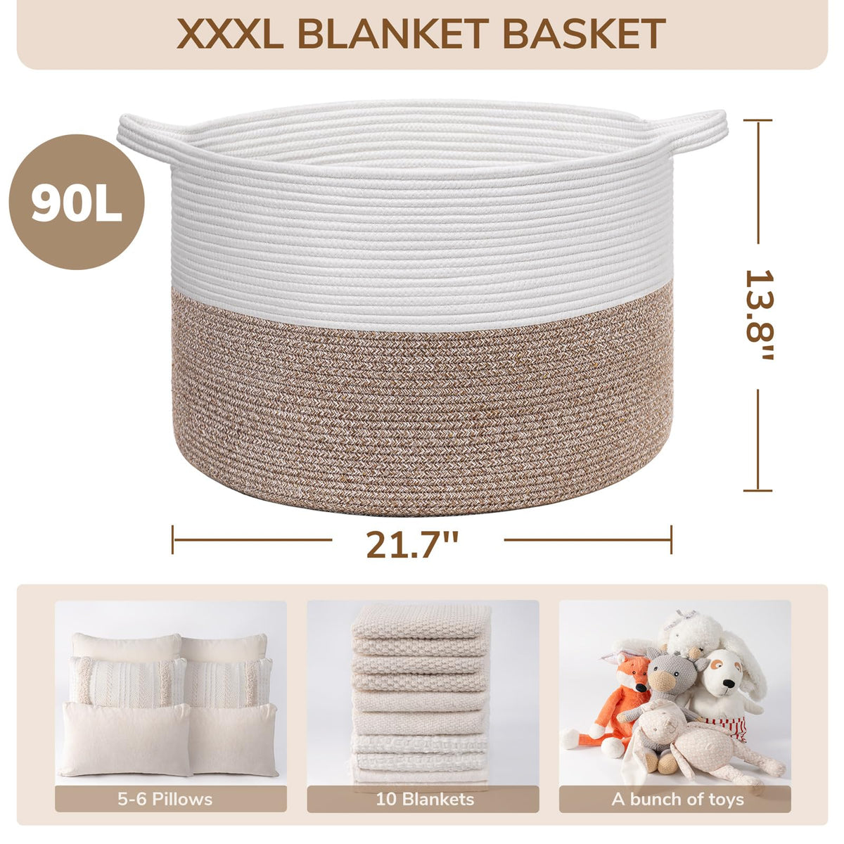 INDRESSME XXXLarge Cotton Rope Basket 21.7" x 21.7" x 13.8" Woven Laundry Basket for Blankets, Storage Basket with Handle Comforter Cushions Storage Bins Thread Laundry Hamper 🍁 All In One Marketplace Canada