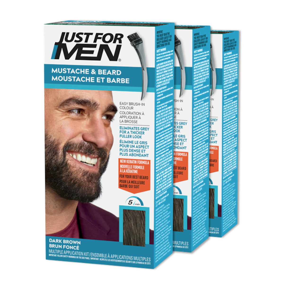 Just For Men Mustache & Beard, Beard Dye for Men with Brush Included for Easy Application, With Biotin Aloe and Coconut Oil for Healthy Facial Hair, Dark Brown, M-45 (3 Count) 🍁 All In One Marketplace Canada