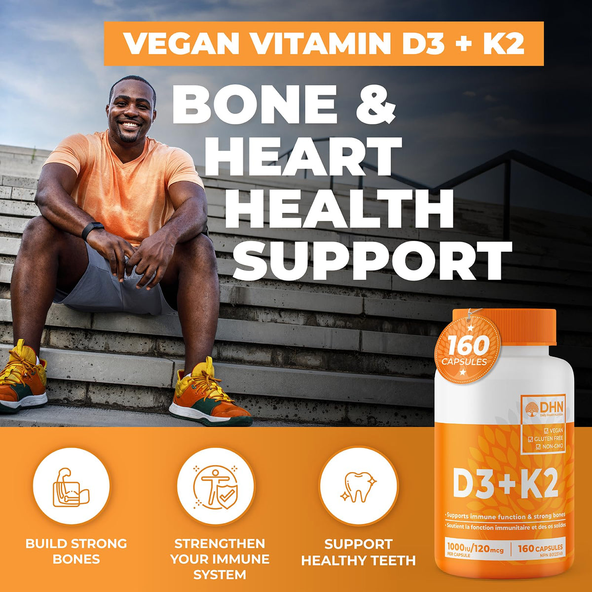 VITAMIN D3 K2 (MK-7) VEGAN | HIGH POTENCY•VALUE SIZE | Supports Prevention of Osteoporosis & Heart Calcification | Immune, Bone & Heart Health Supplement | Canadian Made Vitamin D3 Vitamin K2 🍁 All In One Marketplace Canada