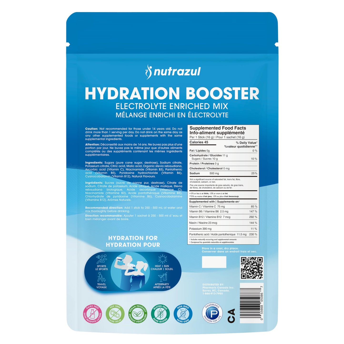 Nutrazul Hydration Booster, Electrolytes Powder Sticks with Sodium, Potassium, Vitamin B6 & B12, No Artificial Sweeteners, Acai Berry, Lemon Lime, Passion Fruit Flavour, 30 Sticks 🍁 All In One Marketplace Canada