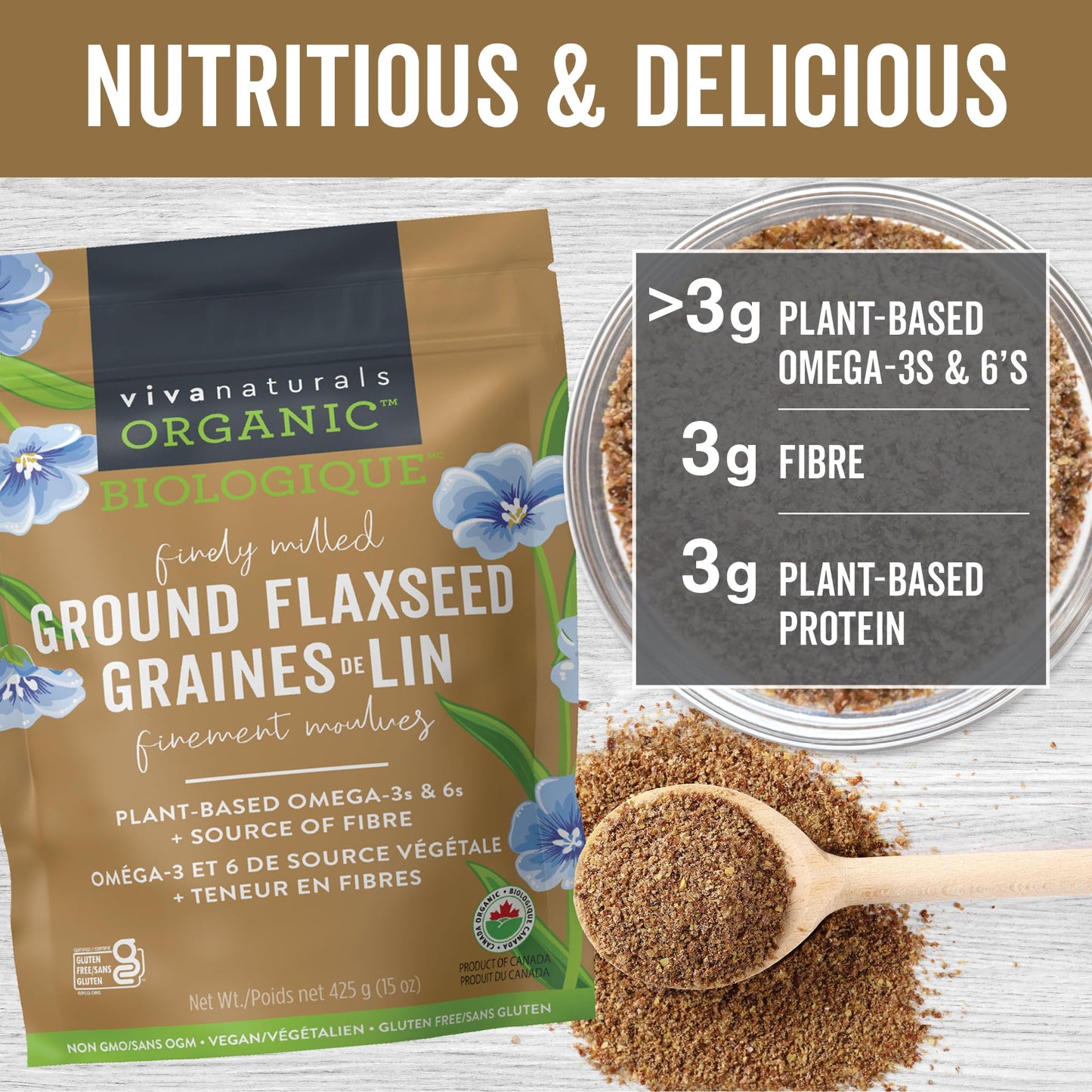 Viva Naturals Canadian-Made Organic Ground Flaxseed - Premium Flax Seeds for Baking, Smoothies - Certified Organic, Non-GMO, Keto & Vegan Friendly Graine De Lin 425 g (15 oz) 🍁 All In One Marketplace Canada