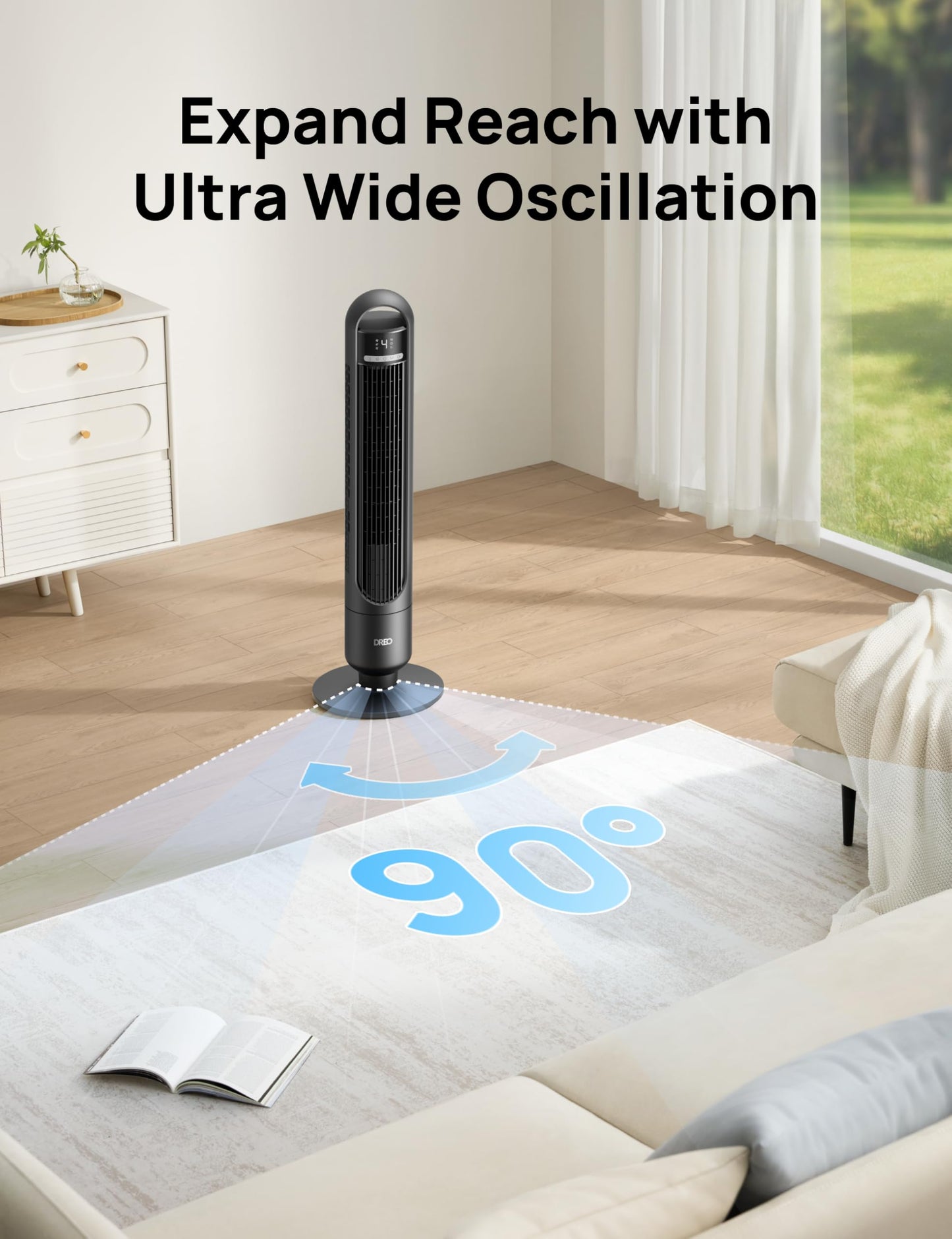 DREO Tower Fan for Bedroom, 90° Oscillating Standing Fans for Room with 4 Speeds, 3 Modes, 28dB Quiet for Sleep, 26ft/s Velocity, 8H Timer, Remote, Living Room, Office, Home, Black 🍁 All In One Marketplace Canada