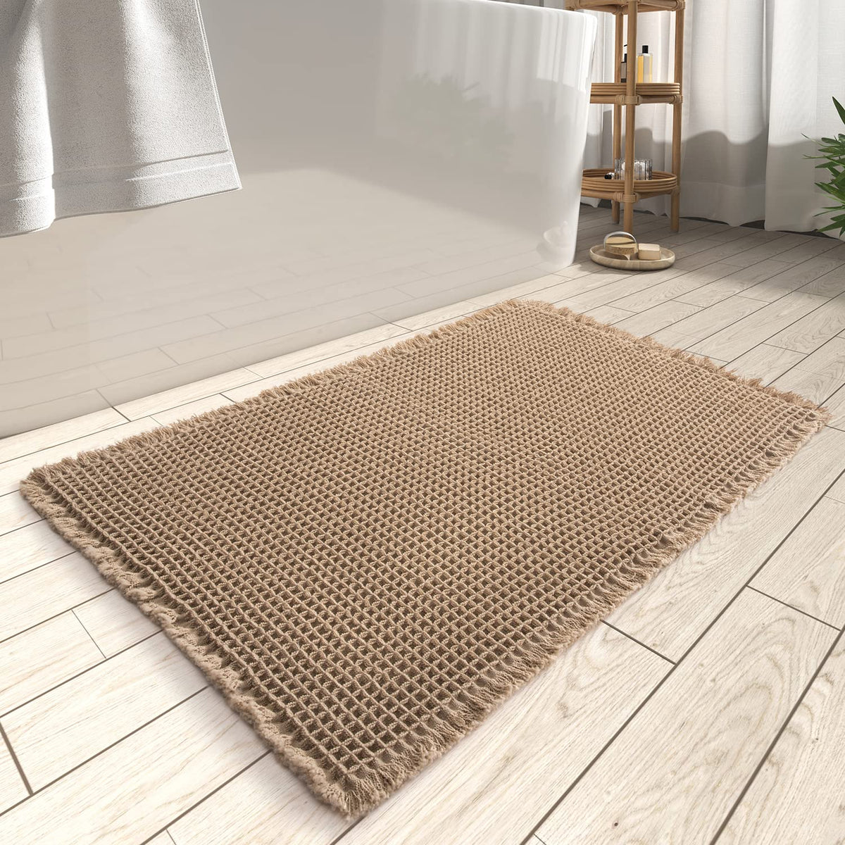 Rvolst Bath Mat Rug for Bathroom Waffle Woven Bathroom Mat Super Absorbent Machine Washable Non Slip Farmhouse Boho Bathroom Rug 46x77cm Brown 🍁 All In One Marketplace Canada