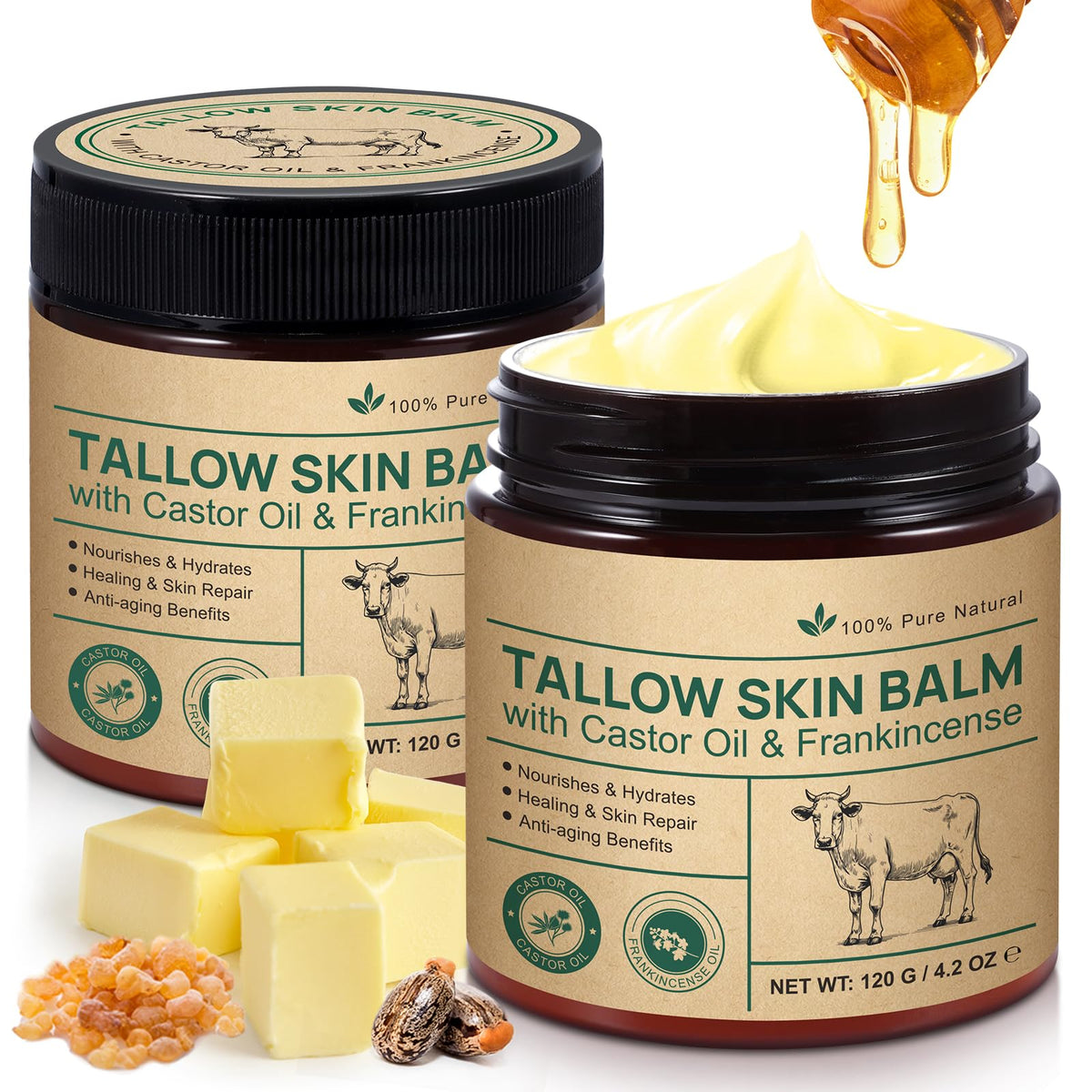 Beef Tallow Skin Care with Castor Oi & Frankincenses, Grass Fed Whipped Tallow Honey Balm for Face & Body, Natural Moisturizer Hydrates, Deeply Nourishes, Enhances Natural Radiance 120g 🍁 All In One Marketplace Canada