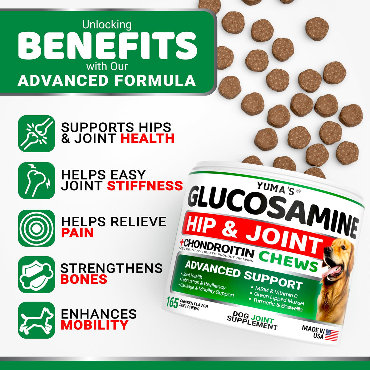 Glucosamine for Dogs - 165 Chews - Hip and Joint Supplement for Dogs - Glucosamine Chondroitin Chews - Joint Pain Relief Supplement with MSM - Advanced Health - Mobility Support - Made in USA 🍁 All In One Marketplace Canada