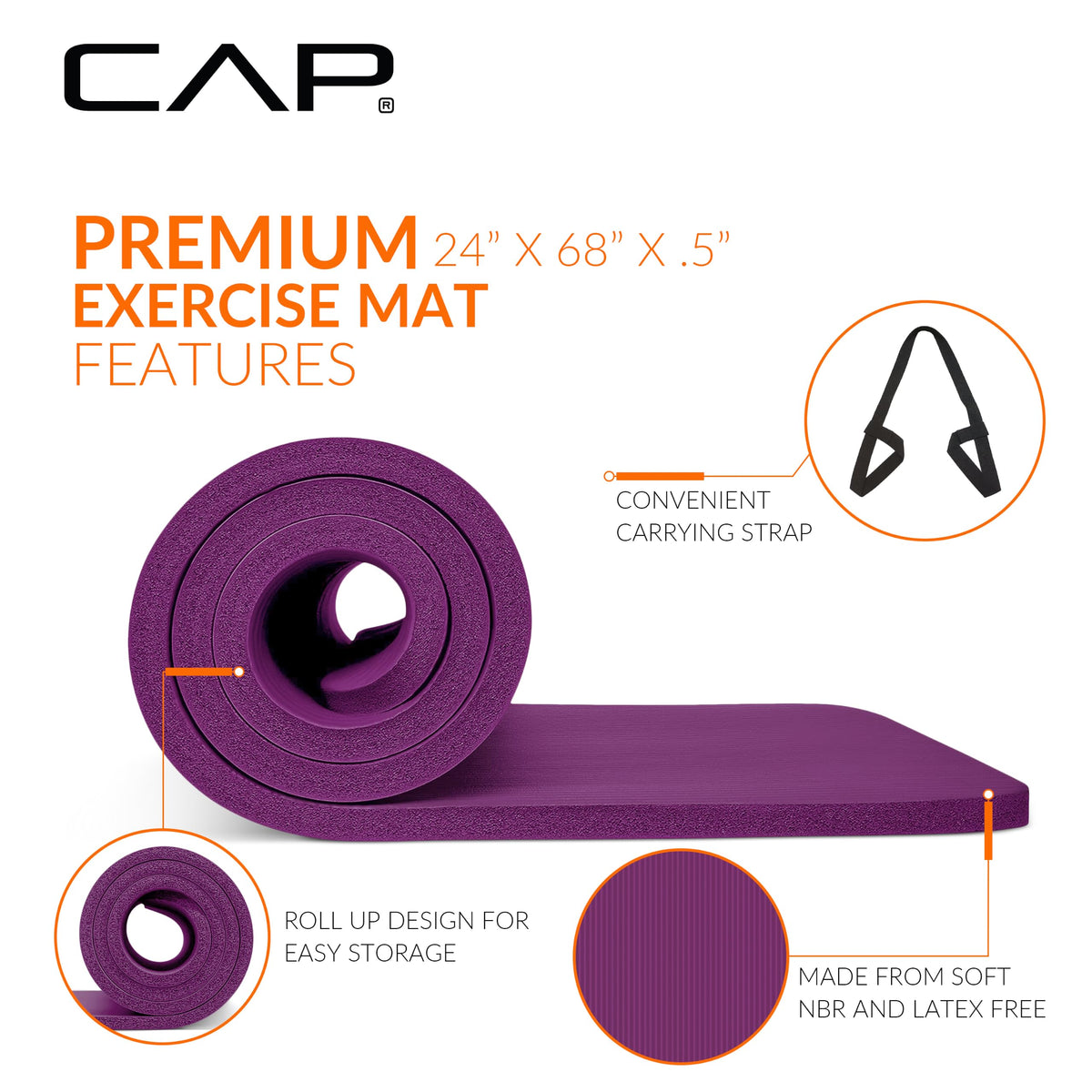 CAP Barbell High Density Exercise Yoga Mat with strap, 68"x24" 12mm - Wine 🍁 All In One Marketplace Canada
