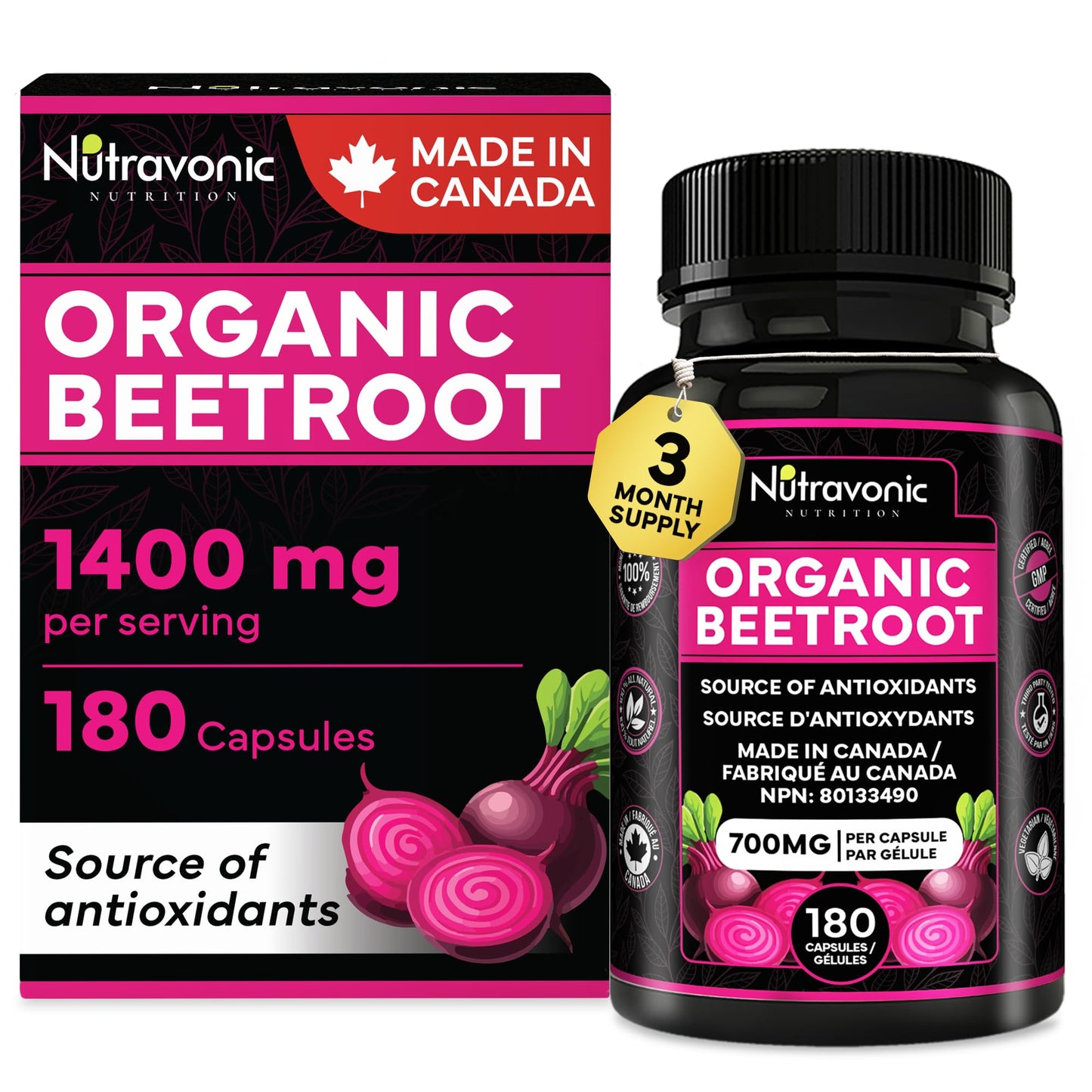 *BONUS SIZE* 180 Capsules of High Potency Organic Beetroot Capsules | 1,400mg per serving (700mg per capsule x2) Canadian Made Beet Root Powder | Antioxidant Support | Support Active Energy Lifestyle | A Natural Super Food | Quality Assured