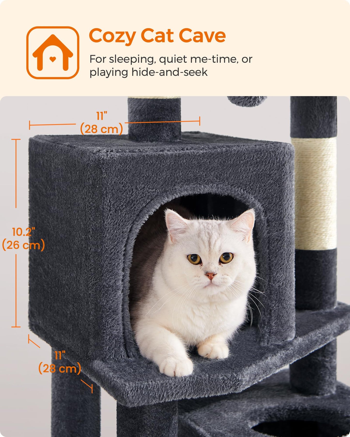 Feandrea Cat Tree Tower, 155 cm Multi-Level Cat Condo with 5 Scratching Posts, 2 Perches, 2 Caves, Hammock, 2 Pompoms, Smoky Gray UPCT192G01 🍁 All In One Marketplace Canada
