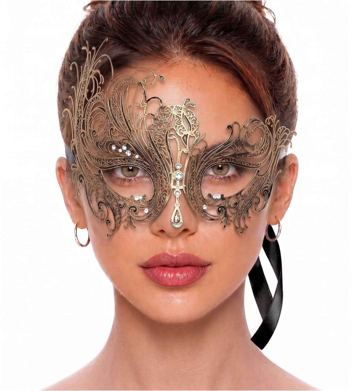 Metal Filigree Masquerade Mask for Women - Swan Style Mask with Rhinestones for Mardi Gras, Prom, Halloween & Venetian Party