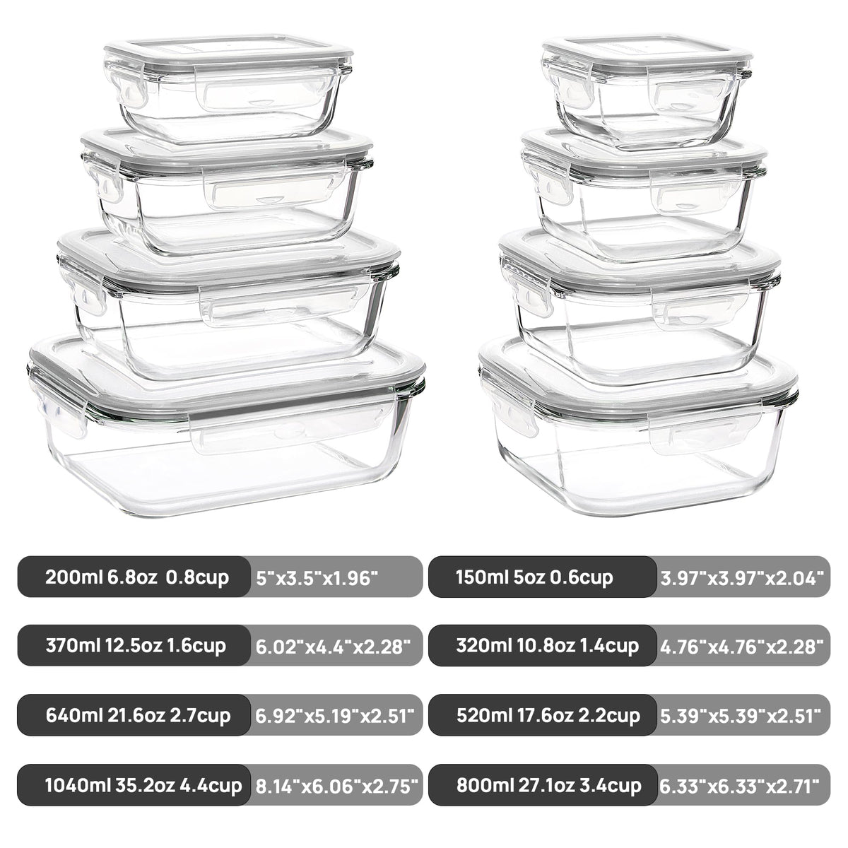 Vtopmart 8 Pack Glass Container Food Storage, Meal Prep Containers with Airtight Lids for Leftover, On-the-go, Safe for Microwave, Oven, Freezer and Dishwasher, Grey 🍁 All In One Marketplace Canada