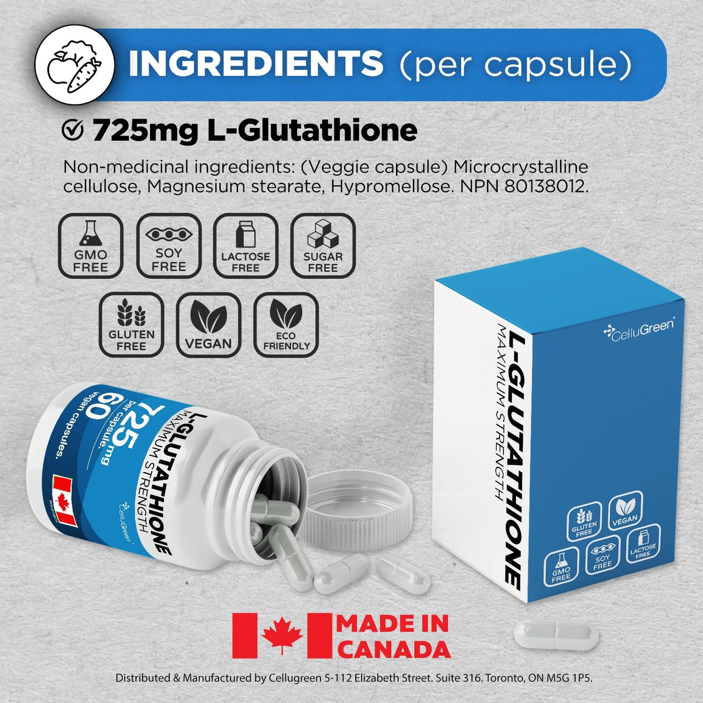 CelluGreen 725mg L-Glutathione MOST POWERFUL AVAILABLE Antioxidant Support for Cellular Health, Liver Detox, Skin & Immune Health, Vegan, Made in Canada. 60 Capsules 🍁 All In One Marketplace Canada