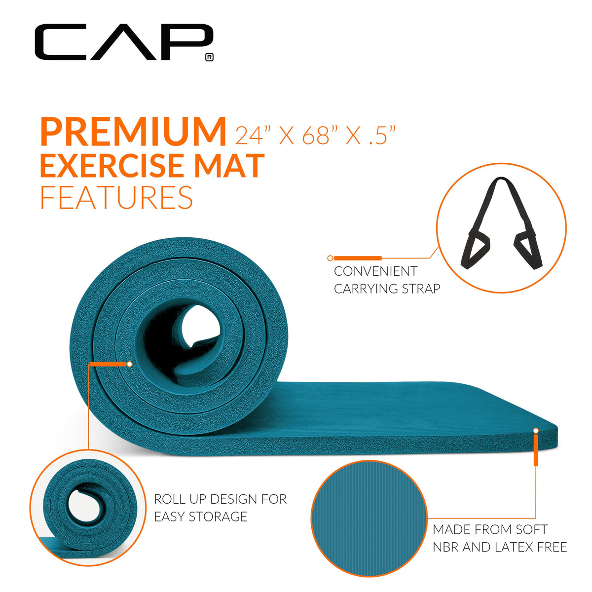 CAP Barbell High Density Exercise Yoga Mat with strap, 68"x24" 12mm - Teal 🍁 All In One Marketplace Canada